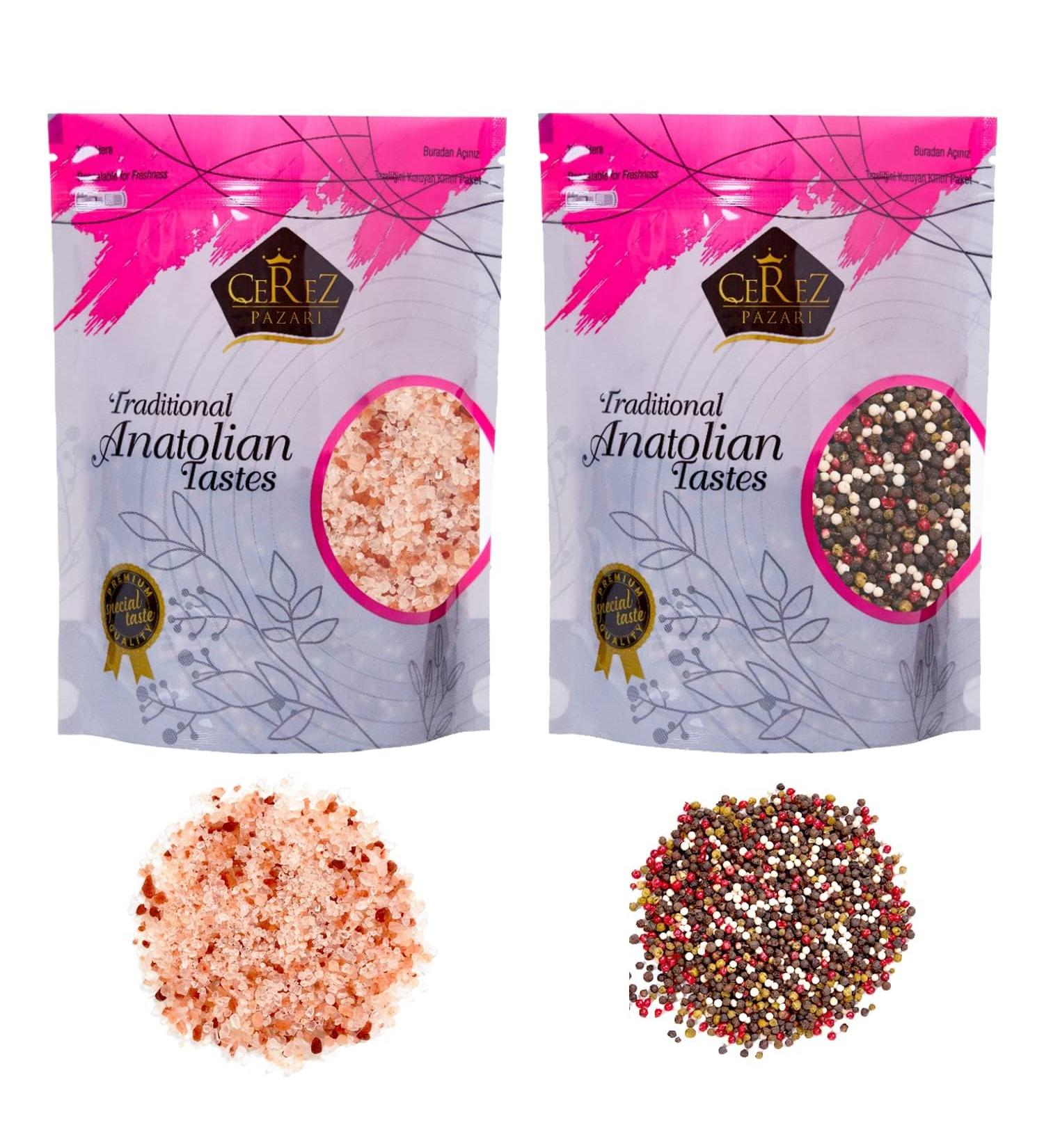 Cerez Pazari Rainbow Peppercorn Blend 200g & Himalayan Pink Salt 650g - Whole Black, Pink, Green, White Peppercorns for Grinders Refills - Buy Online on SooperMarket.com