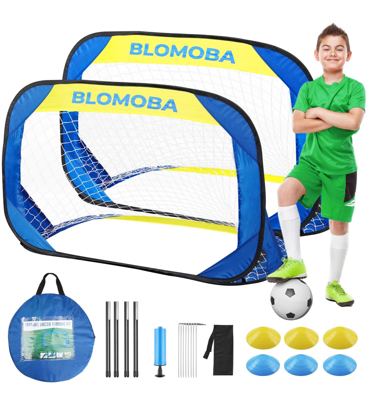 Folding Pop Up Soccer Goals Set 2 Pack - Portable Nets with Carrying Bag for Kids Indoor & Outdoor Games - Yellow & Blue - Buy Online on SooperMarket.com
