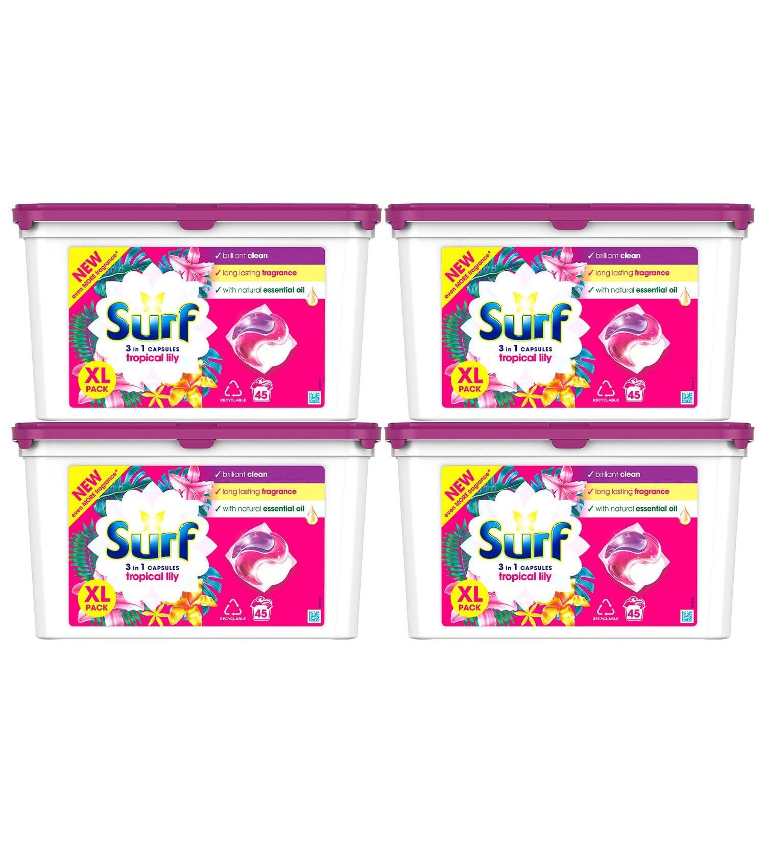 Surf 3-in-1 Tropical Lily Washing Detergent Capsules Brilliant Clean Long Lasting Fragrance and Made with Natural Essential Oil Laundry Detergent XL Pack 45 Washes (Buy 4) - Buy Online on SooperMarket.com