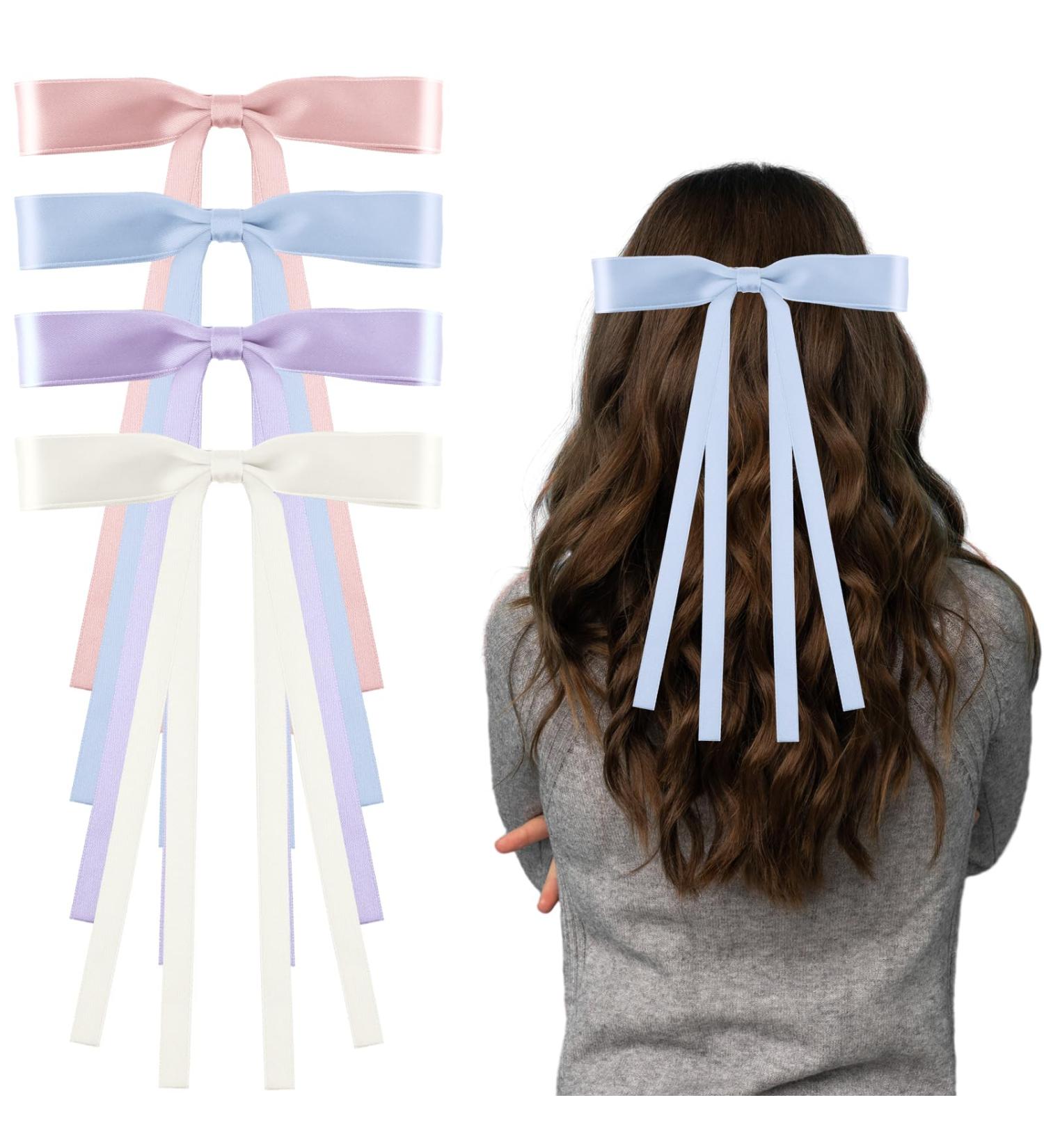 Andibro Silky Satin Hair Bows with Tassel 4 colors Hair Ribbon Barrettes Satin Bowknots Hair Pins Cute Princess Hair Bows French Clips Ponytail Holder Aesthetic Hair Accessories for Women Girls(B) - Buy Online on SooperMarket.com
