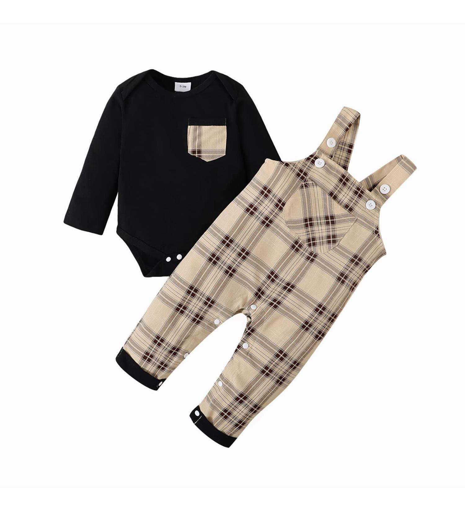 Puseky Baby Boy 3-6 Months Black Romper with Plaid Suspenders Overall Pants - Buy Online on SooperMarket.com