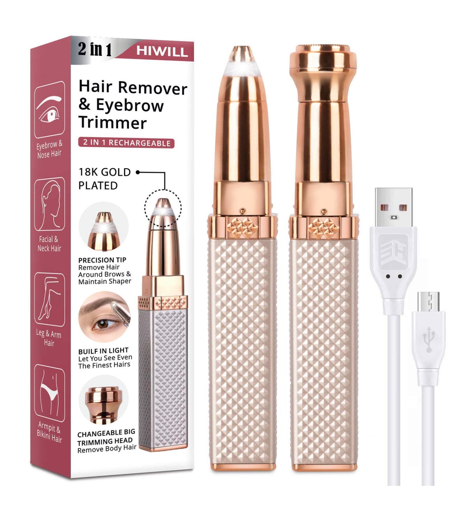 2-in-1 Rechargeable Eyebrow Trimmer & Facial Hair Removal for Women | Painless Hair Shaver with LED Light - Rose Gold - Buy Online on SooperMarket.com