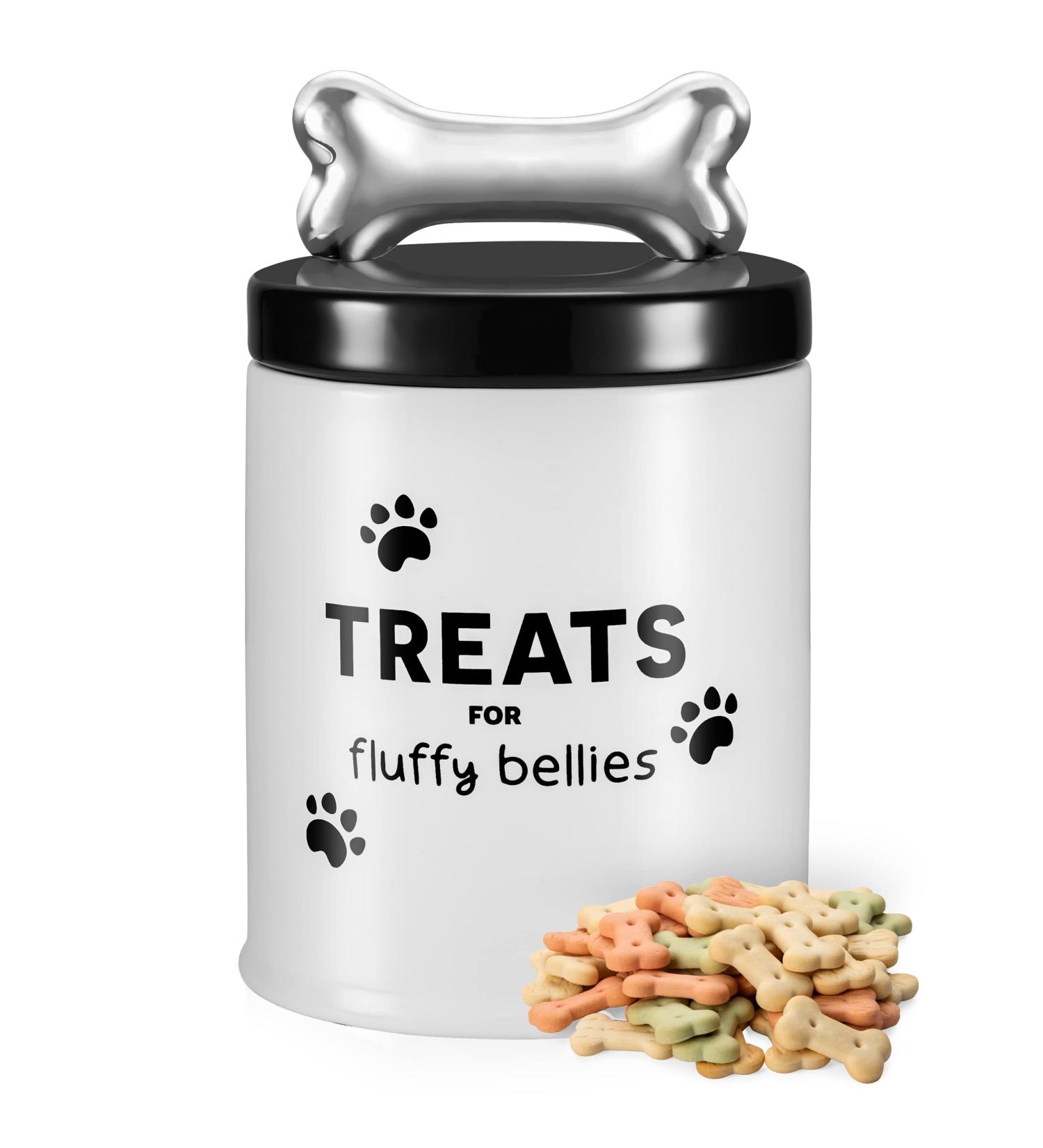 Fluffy Bellies Dog Treat Jar - 5 Cup Black White Ceramic Container - Farmhouse Dog Cookie Canister - Rustic Pet Food Jar - Buy Online on SooperMarket.com
