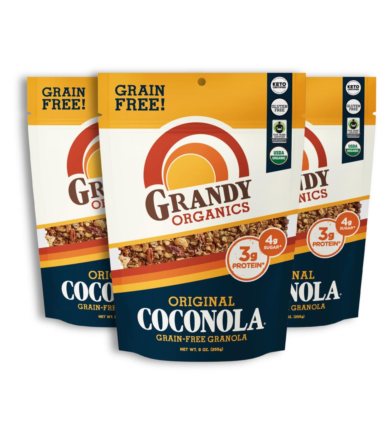 Grandy Organics Original Coconola Gluten Free Granola - Certified Organic, Keto & Paleo Friendly, Non-GMO - 9oz Bags, Bulk Pack of 3 - Buy Online on SooperMarket.com