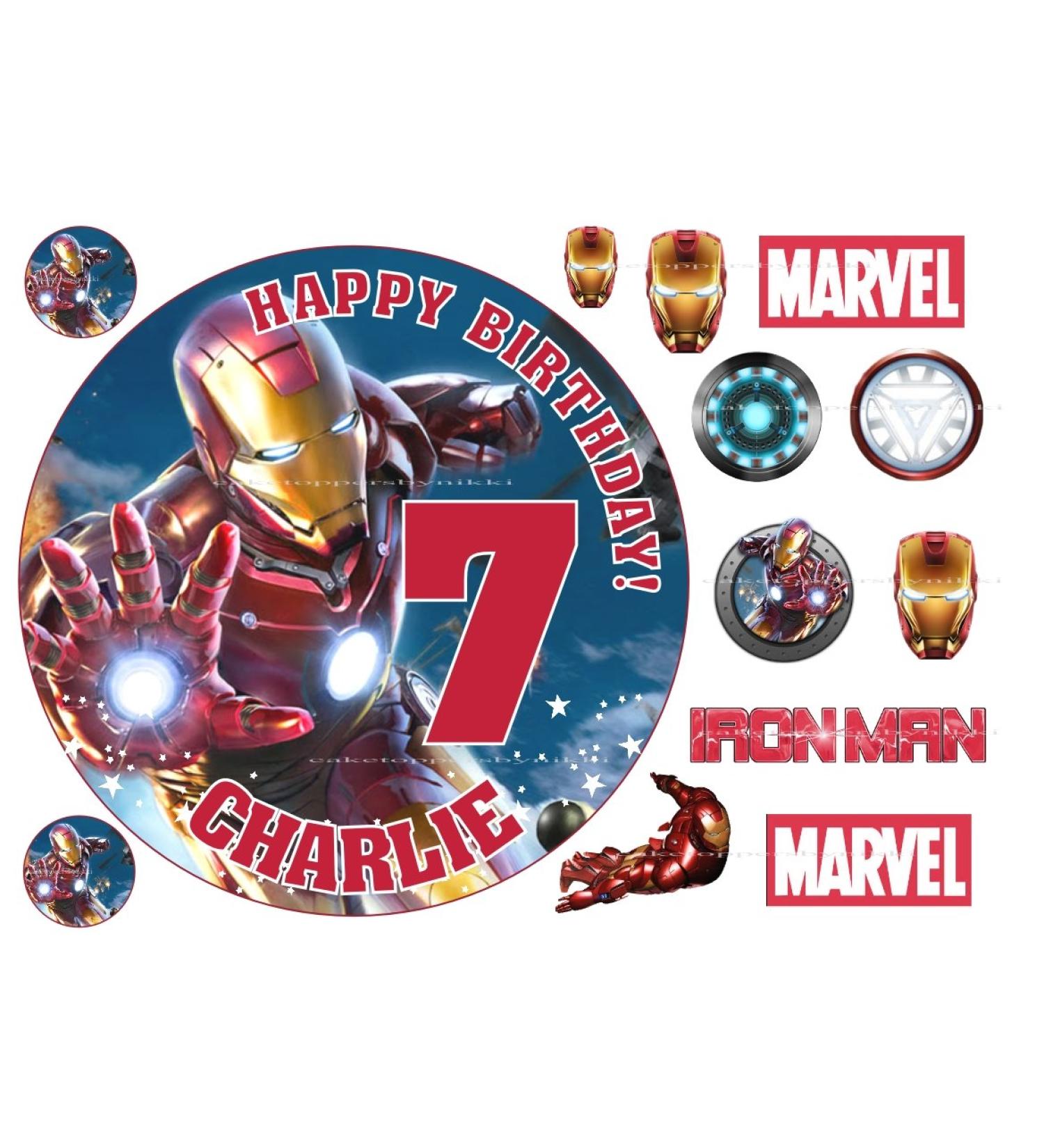 Edible Iron Man 7.5" Icing Boys Personalised Cake Topper with EXTRA'S