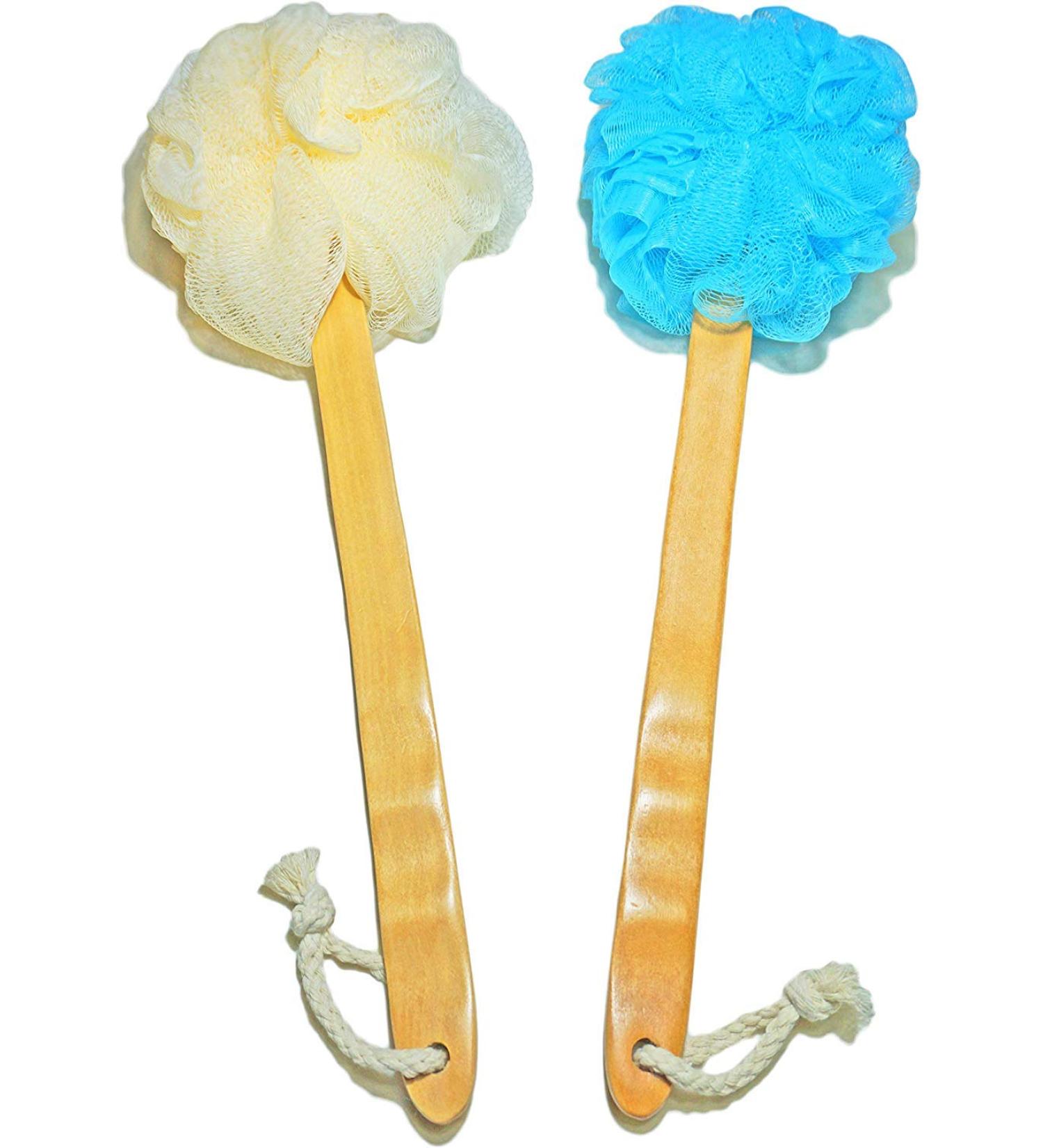 2-Pack Exfoliating Shower Loofah Body & Back Scrubber with Long Wooden Handle - Bath Brush On a Stick for Easy Reach - For Men & Women - Buy Online on SooperMarket.com