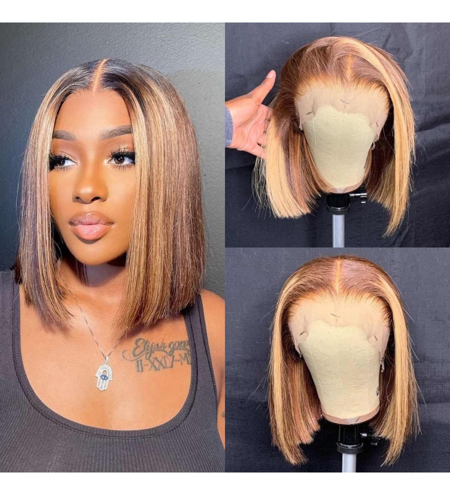 8 U&A HD Highlight 27 Colored Short Bob Lace Front Wig - Brazilian Human Hair, Pre Plucked with Baby Hair - Fashion Women - Buy Online on SooperMarket.com