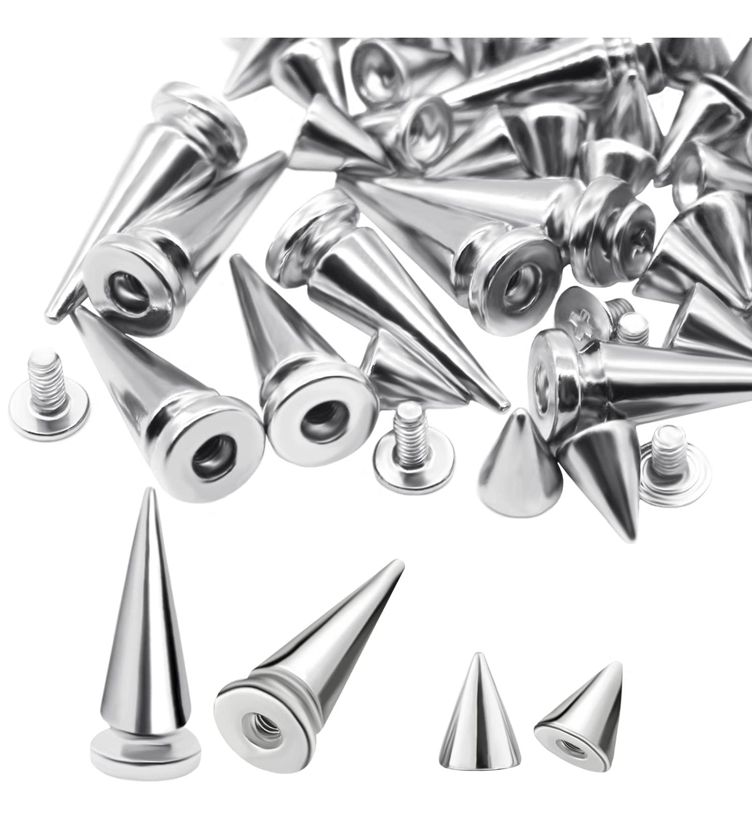 Anvin 110 Pieces Multi Size Cone Spikes Screwback Studs Metal Rivets for DIY Crafts - Silver Spikes with Screw Bases for Clothing Decoration - Buy Online on SooperMarket.com