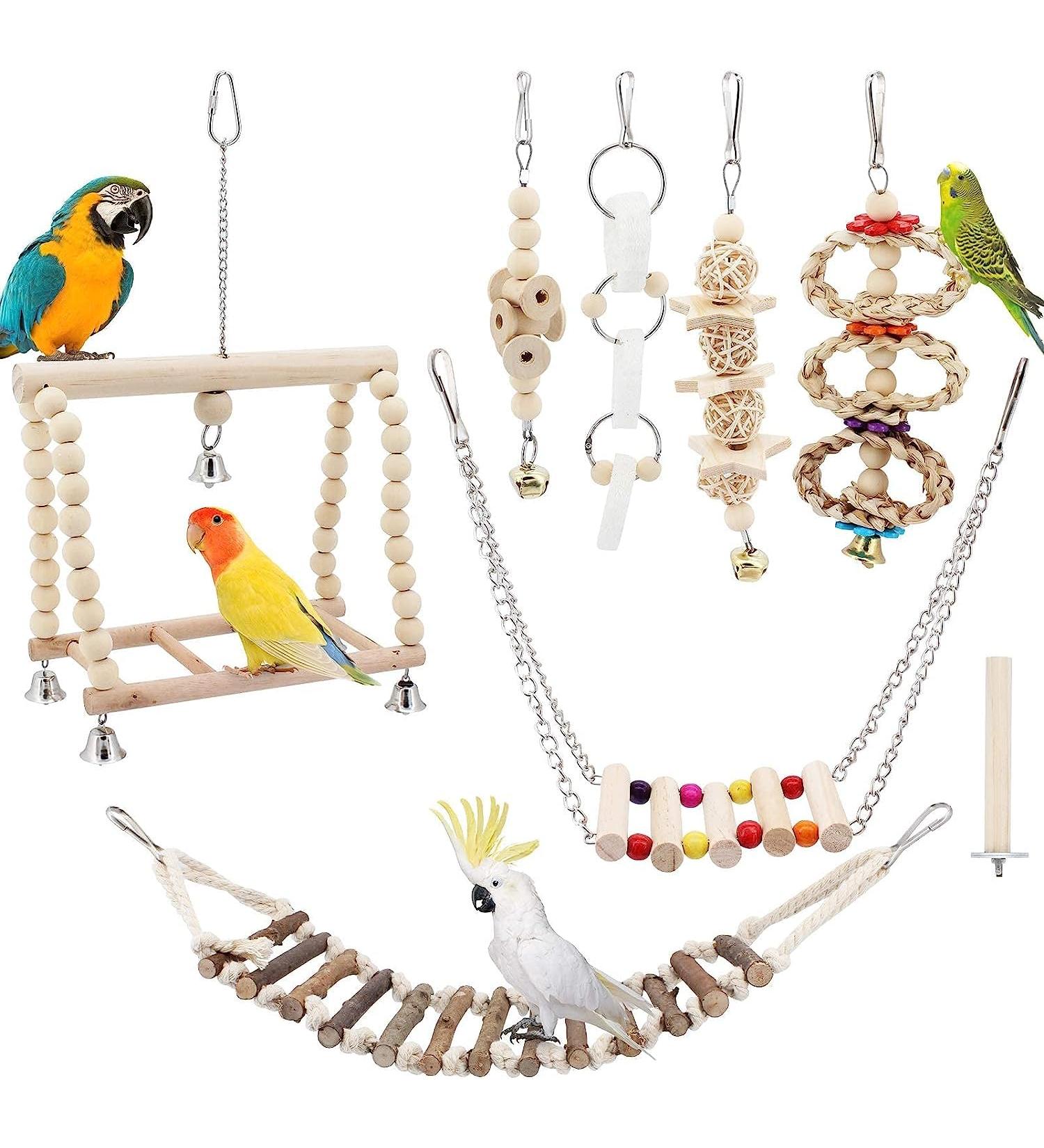 Taecoool 8-Part Wooden Parrot Toys - Natural Chewing & Hanging Bell for Cockatiels Finches & Small Parrots - Buy Online on SooperMarket.com