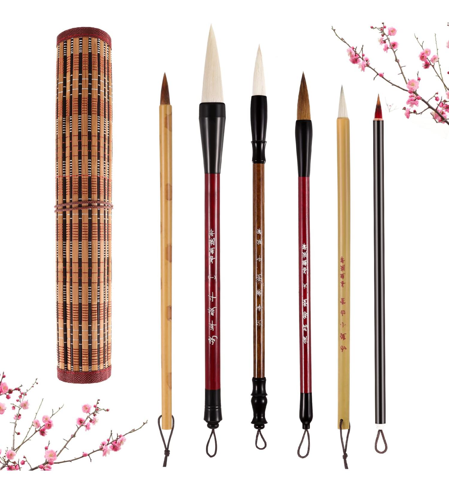 6-Piece Chinese Calligraphy Brush Set with Roll-Up Holder - Ideal for Painting, Writing, Watercolor, Sumi, Kanji Art - Buy Online on SooperMarket.com