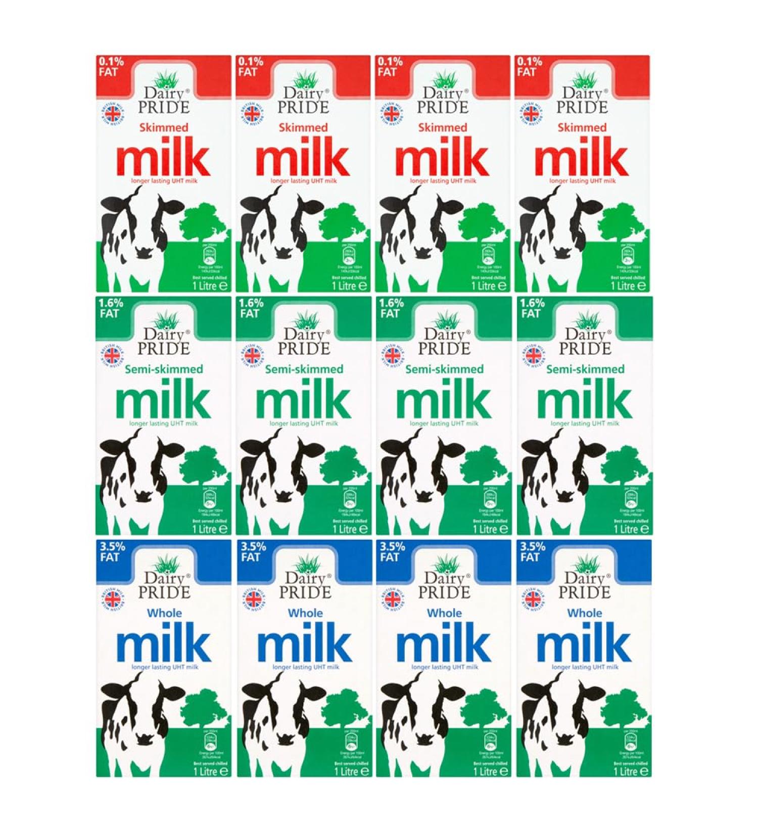 Dairy Pride 12 x 1Ltr Assorted UHT Milk with Welari Thank You Card Multipack (whole x4 Semi x4 Skimd x4) Long Lasting Life Cold Drink Baking Cooking (12L) (12pack) - Buy Online on SooperMarket.com