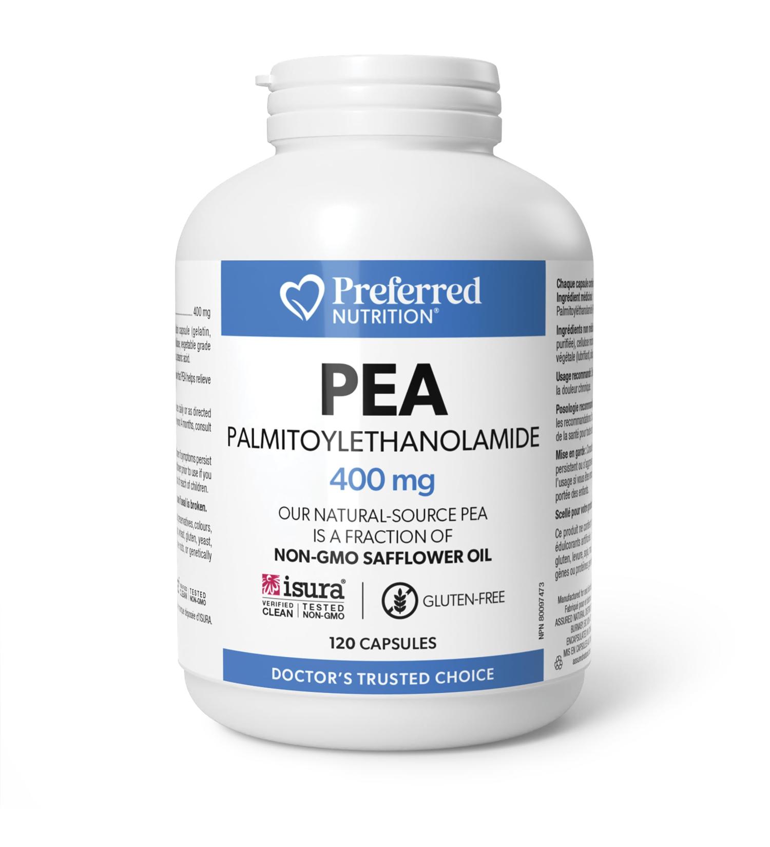 Preferred Nutrition PEA (Palmitoylethanolamide) 400mg 120 capsules Fractionated non-GMO Safflower Seed Oil Micronized High absorption Helps relieve chronic pain - Buy Online on SooperMarket.com