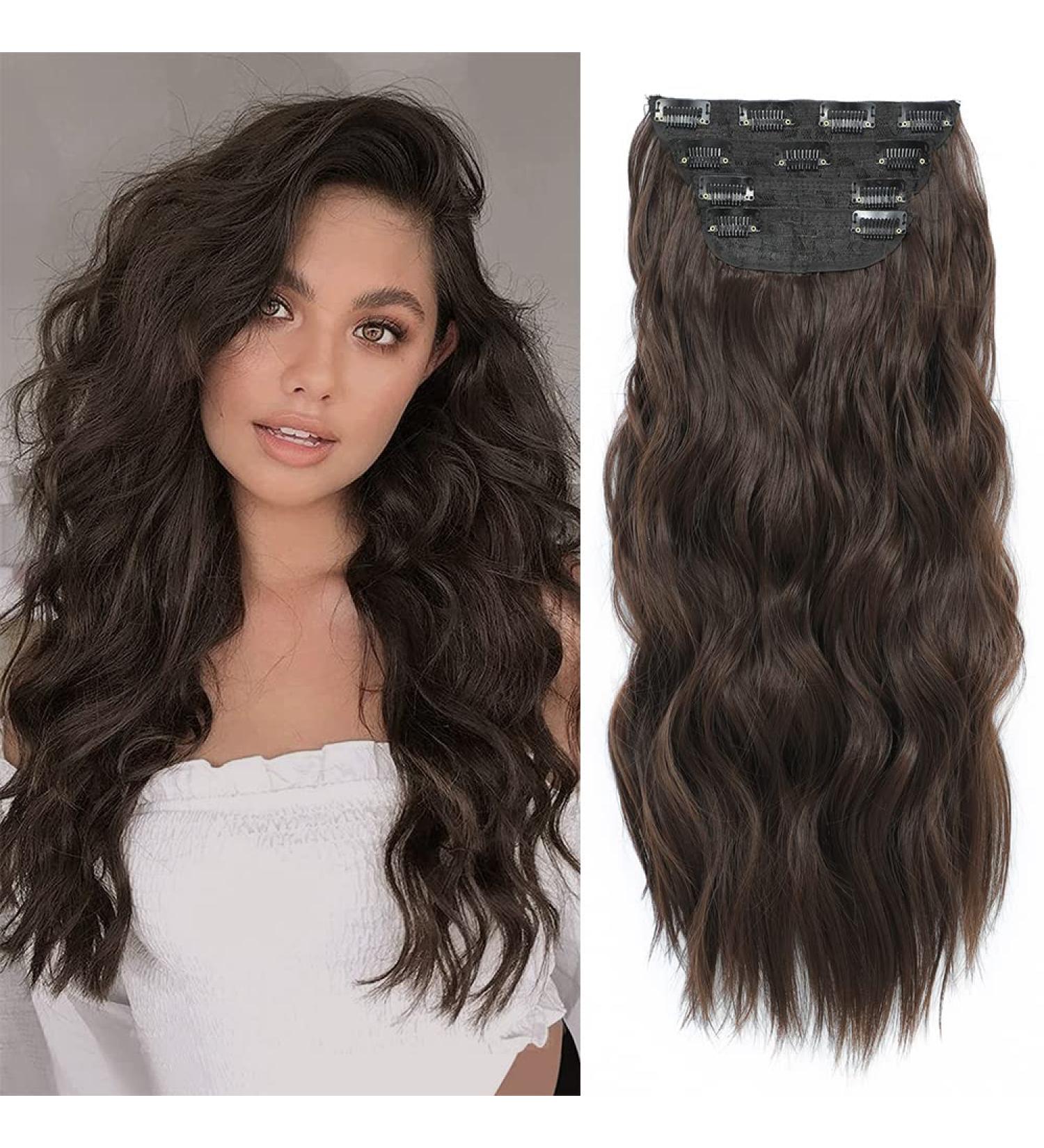 Natural Brown Curly Wavy Clip in Hair Extensions - 4PCS, 20 Inch Full Head Synthetic Hairpieces - Buy Online on SooperMarket.com