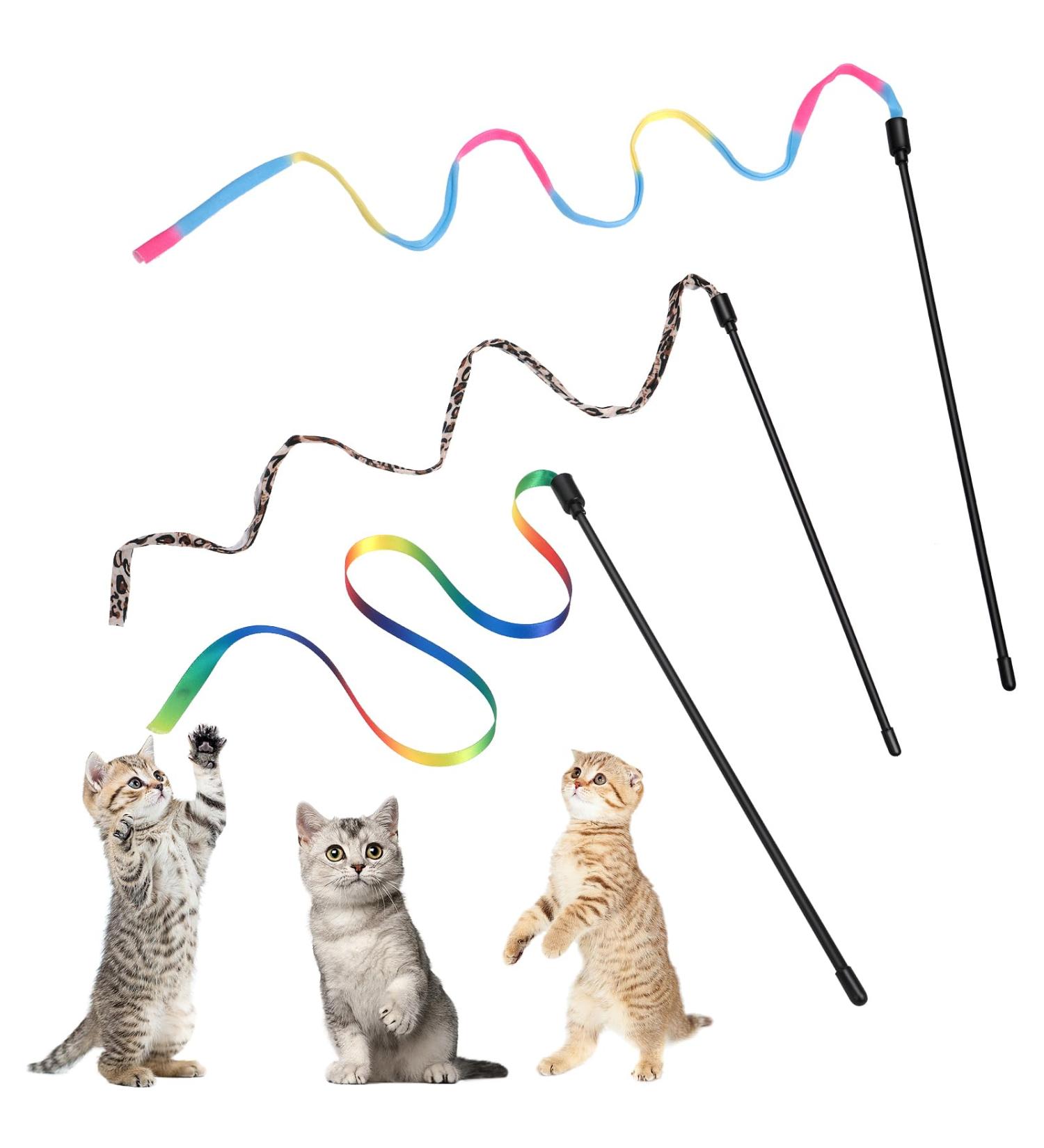 Amaxiu Cat Wand Toy Set Interactive Cat Wand Toy with Rainbow Ribbon String Rainbow Cloth String Leopard Print Cloth String for Small Cats Kittens Indoor Training Catcher(3 Packs) - Buy Online on SooperMarket.com