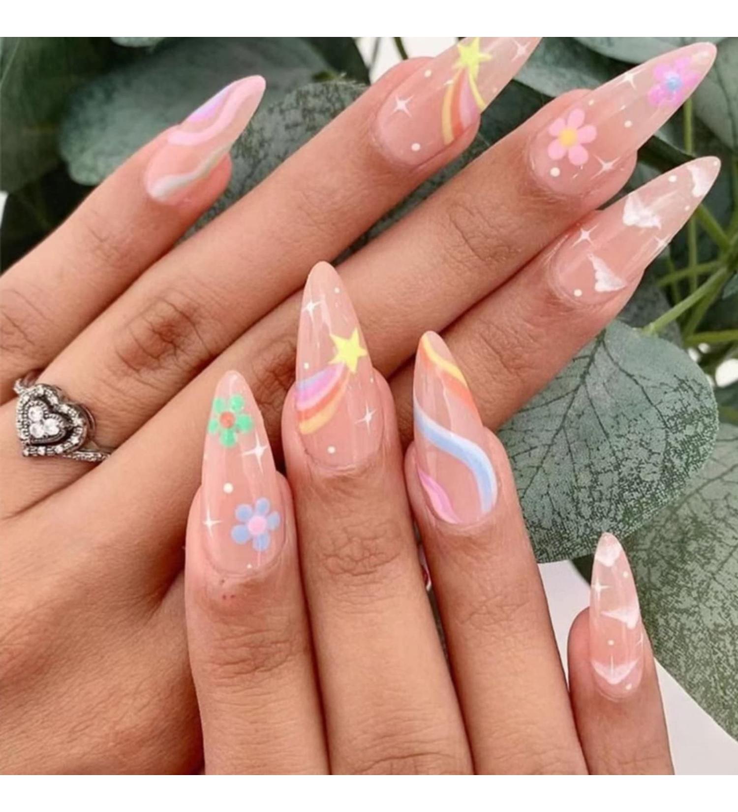 Nude Rainbow Clouds Press on Nails - Medium | Fake Nails for Women & Girls | Pink Full Cover Tips for Spring & Summer Salon - Buy Online on SooperMarket.com