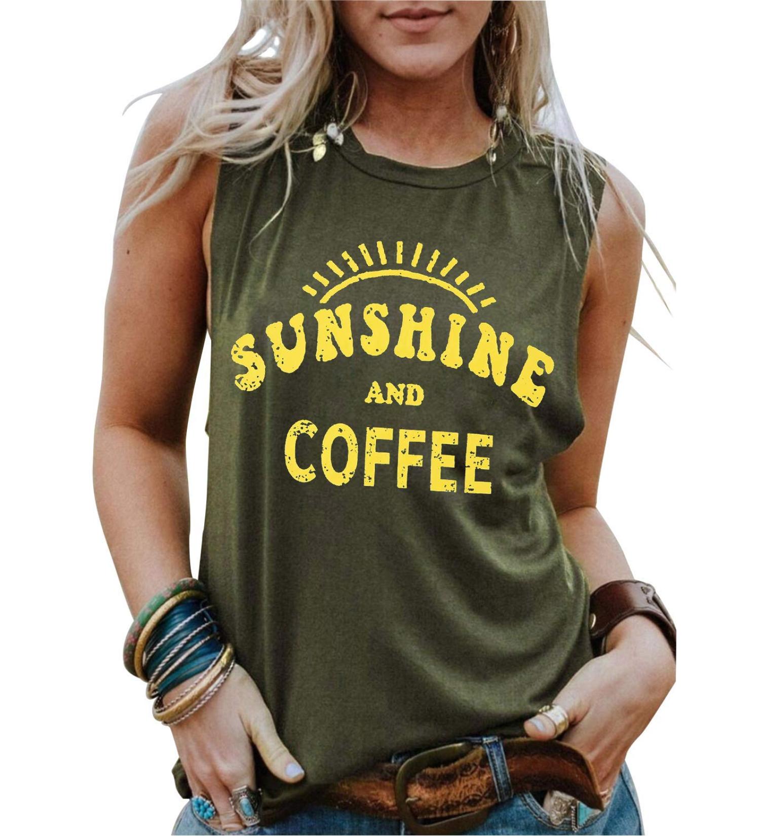 Umsuhu Sunshine and Coffee Tank Casual Summer Graphic Tank Tops for Women Sleeveless Graphic Tank Tops Tee Shirts X-Large Army Green