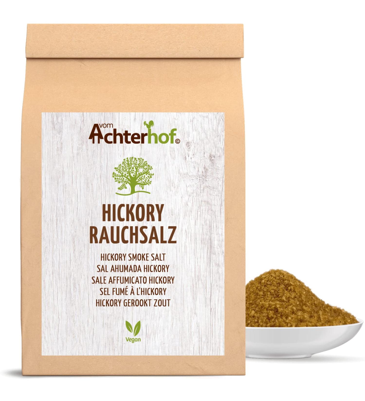 Hickory smoke salt 100g |With exquisite smoke aroma |American Barbecue Salz |Ideal for sauces marinades or for the preparation of roasts or grilled meat |from the Achterhof 100 g (1 Pack)
