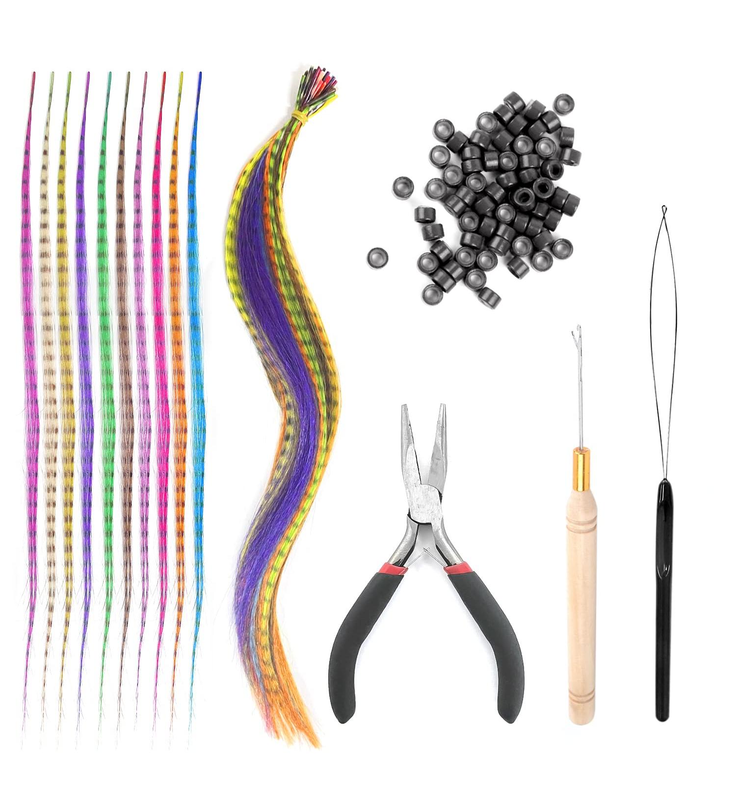 50 Pieces Colorful Synthetic Feather Hair Extensions with Iron Clip Hook and Loop 100 Silicone Loops Crochet Hair Extension Set Synthetic Hair Extension for Women Girls - Buy Online on SooperMarket.com