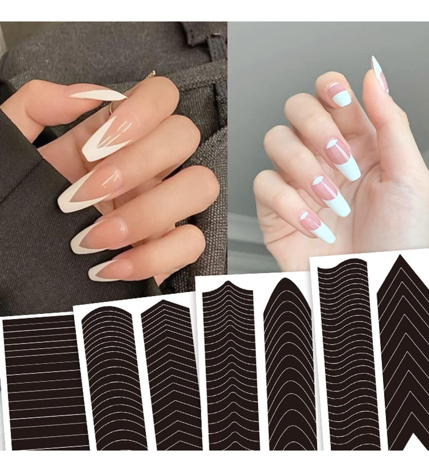 6 Pcs French Manicure Edge Stickers - Wavy Line 3D Self-Adhesive Nail Art Templates for DIY Designer Nails - V-Shaped Stencils and Fringe Decals - Buy Online on SooperMarket.com
