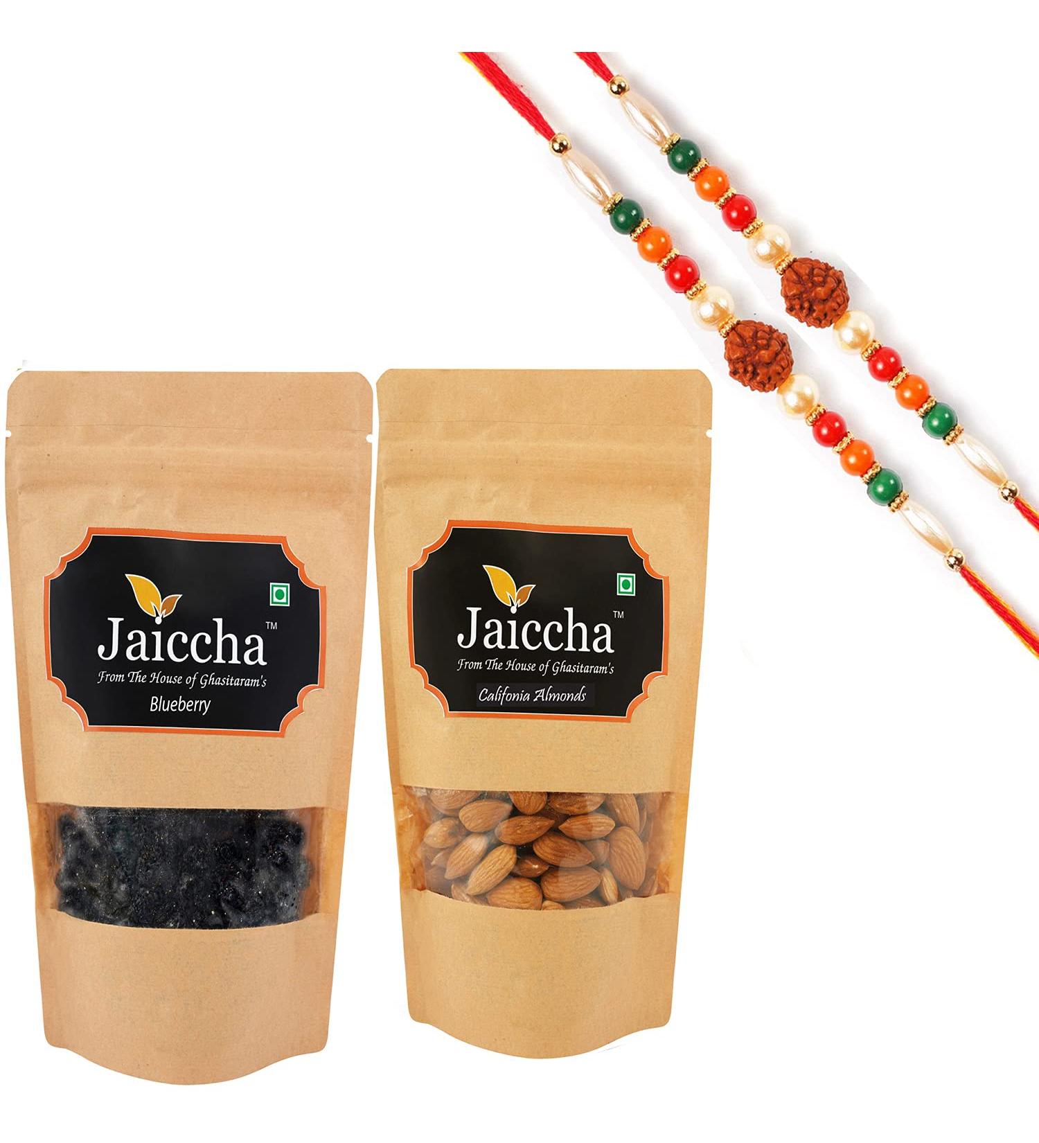 Jaiccha Ghasitaram Rakhi Gifts for Brothers Rakhi Dryfruits - Blueberry 100 GMS and Almonds 100 GMS Pouch with 2 Rudraksh Rakhis - Buy Online on SooperMarket.com