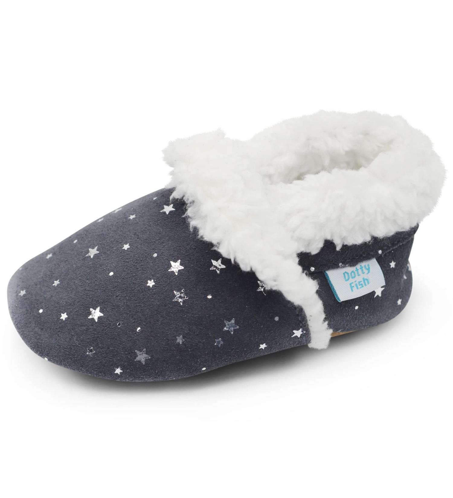 Dotty Fish Suede Baby Slippers - Warm Fleece Lined Infant Toddler Shoes | Non-Slip Soft Sole for Boys Girls | 0-6 Months to 5-6 Years | Silver Stars - Buy Online on SooperMarket.com
