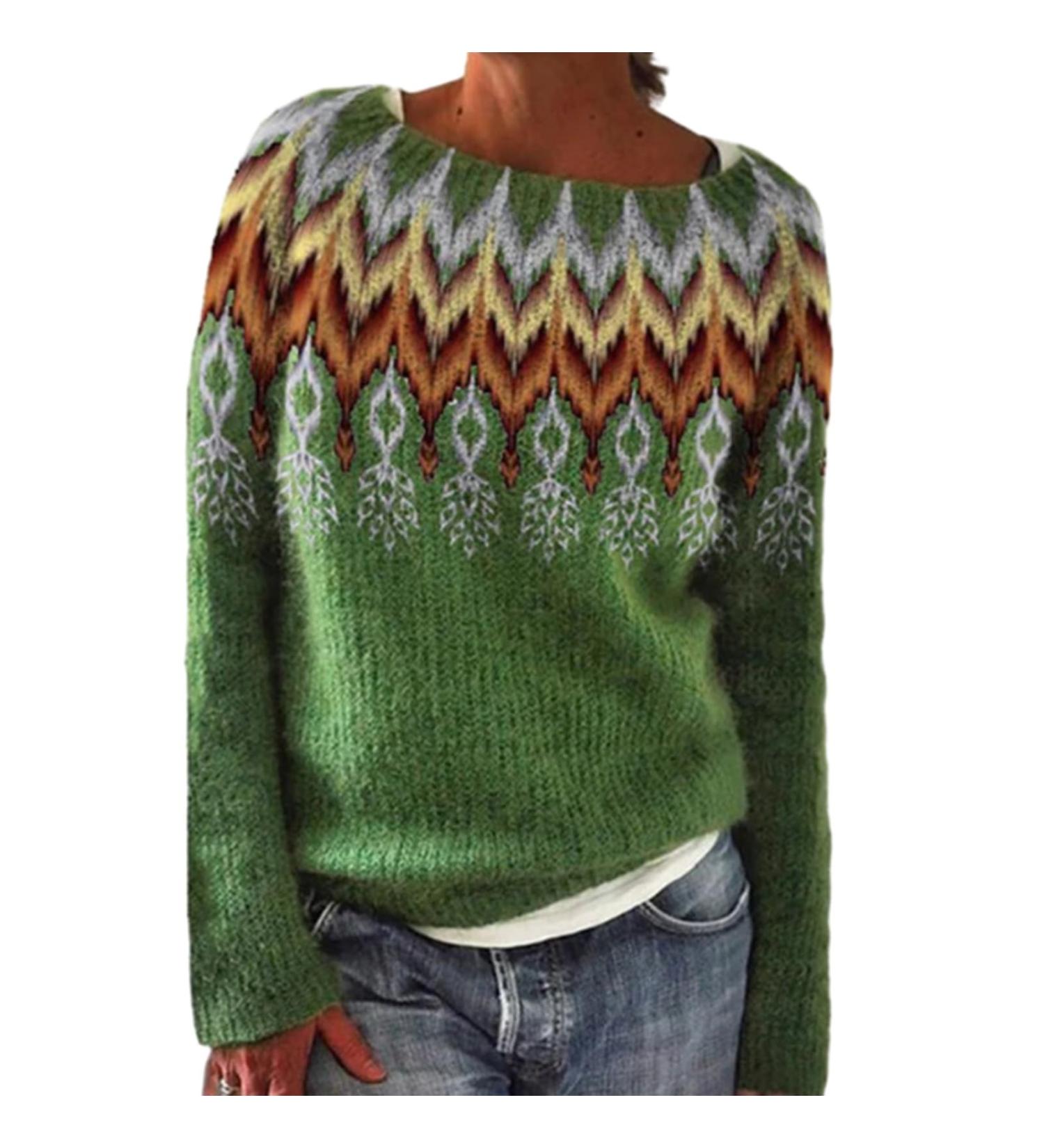 Tainrunse Sweater for Women Loose Fit Vintage Round Neck Long Sleeves Color-block Fashionable Pullover Autumn Green XX-Large - Buy Online on SooperMarket.com
