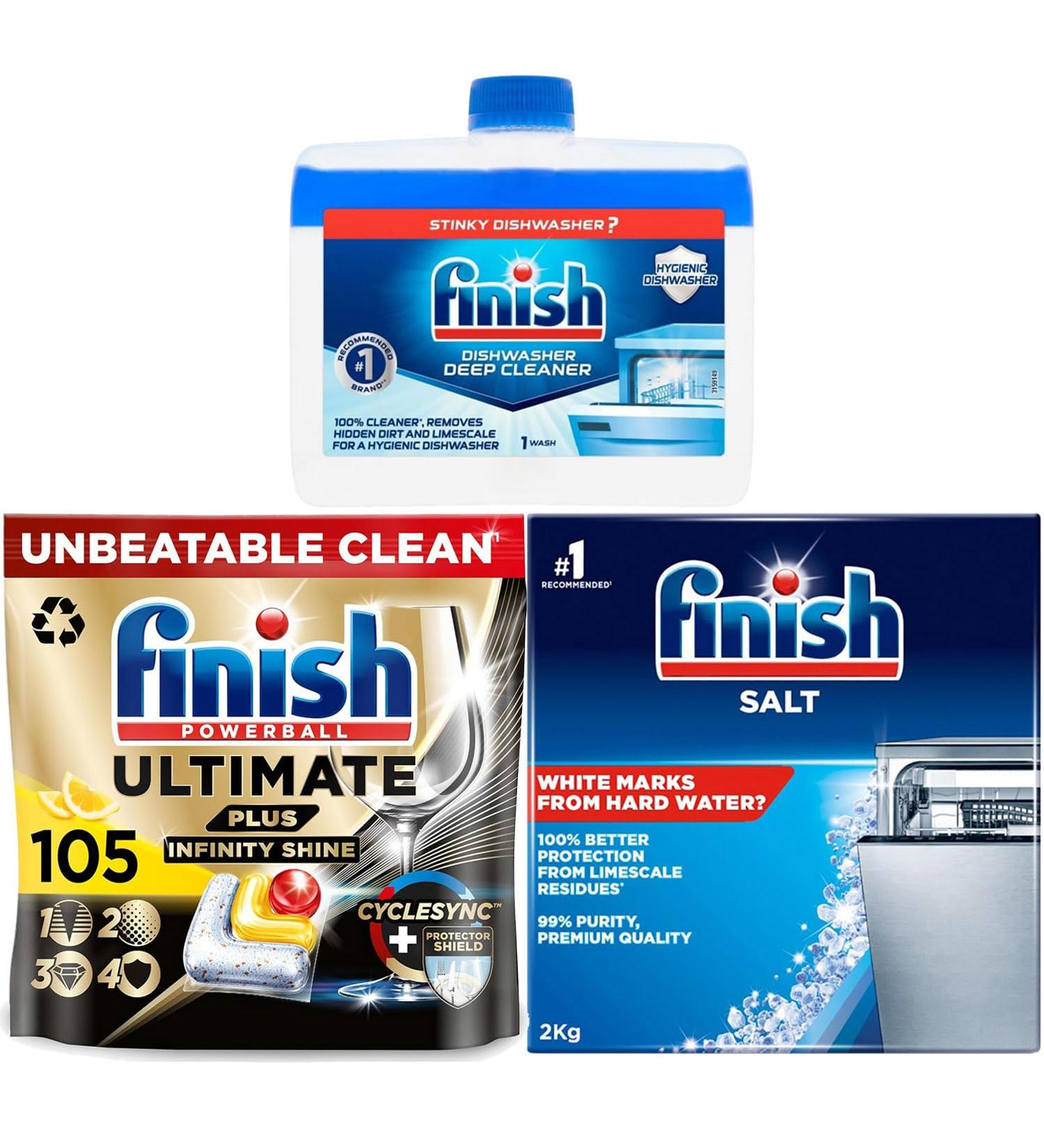 Bundle of Finish Ultimate Plus Infinity Shine Dishwasher 105 Tablets Lemon Bundle 1 x Dishwasher Cleaner 1 x Dishwasher Salt 2kg - Buy Online on SooperMarket.com