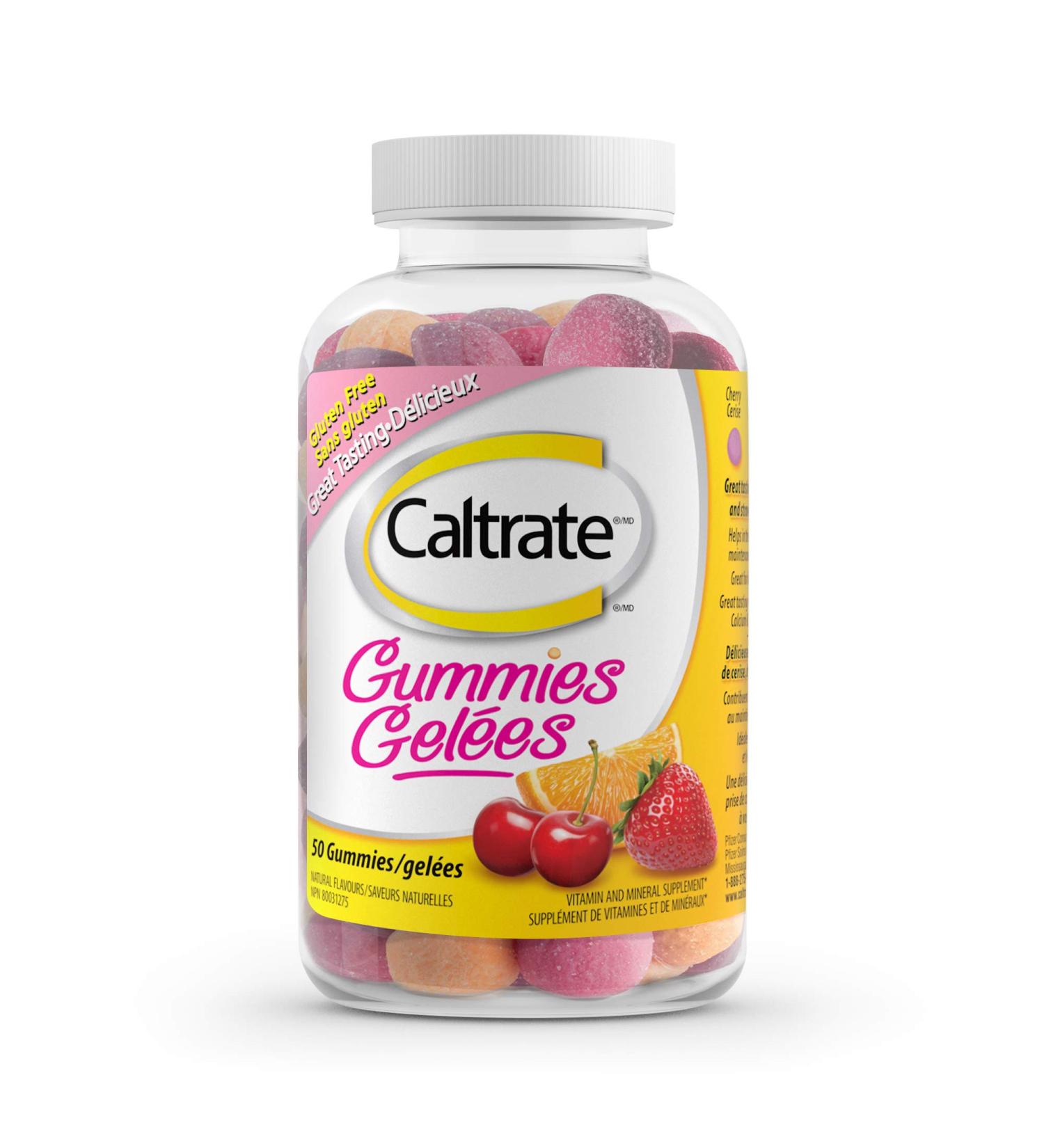 Caltrate Gummies Vitamin D and Calcium Supplement Gluten-Free Orange Strawberry and Cherry Flavour 50 Count Cherry Orange Strawberry 50 count (Pack of 1) - Buy Online on SooperMarket.com