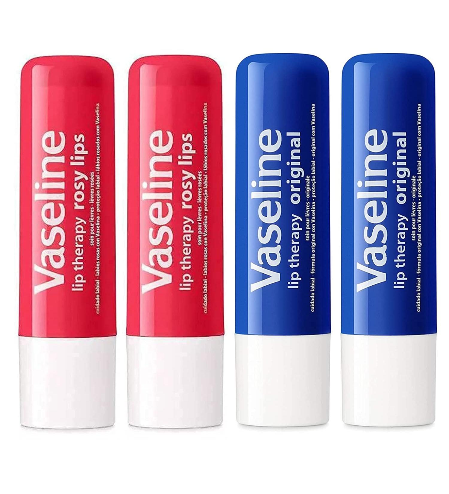 Vaseline Lip Therapy Stick Rosy Lips & Original Variety Pack | 4.8g (4 Pack) - Petroleum Jelly Lip Balm - Buy Online on SooperMarket.com
