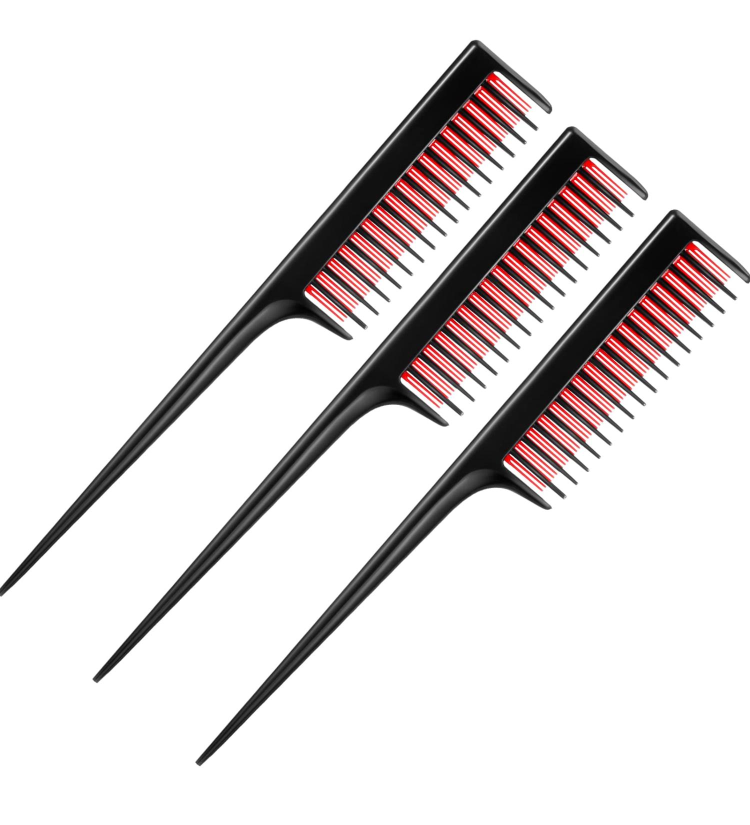 3 Piece Triple Teasing Comb Set - Rat Tail Combs for Women - Perfect for Root Teasing, Adding Volume, and Evening Styling - Black and Red - Buy Online on SooperMarket.com
