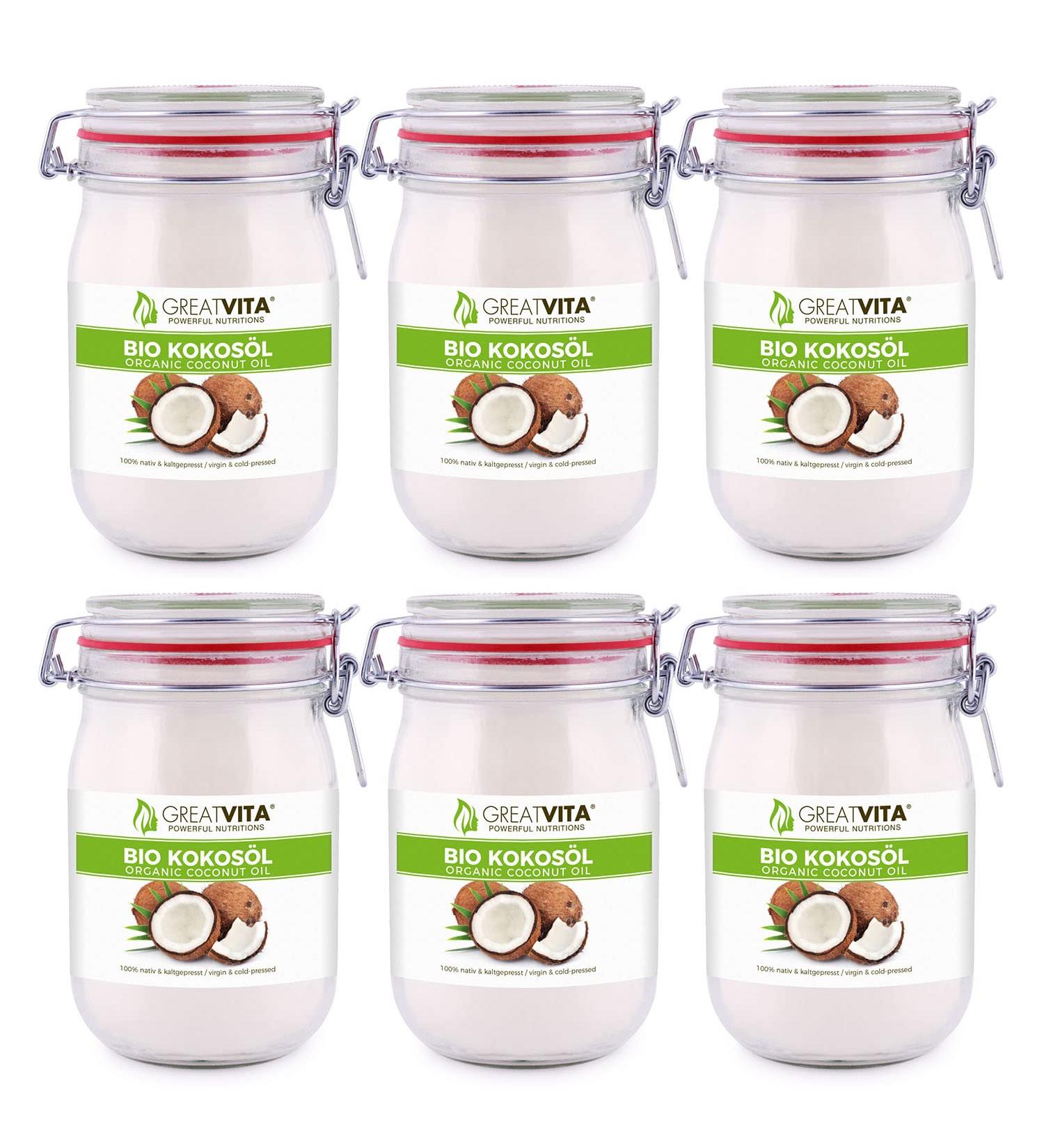GreatVita Organic Virgin Coconut Oil - Pack of 6 (1000ml/1L) Swing Top Jar - Premium Quality for Cooking & Skincare - Buy Online on SooperMarket.com