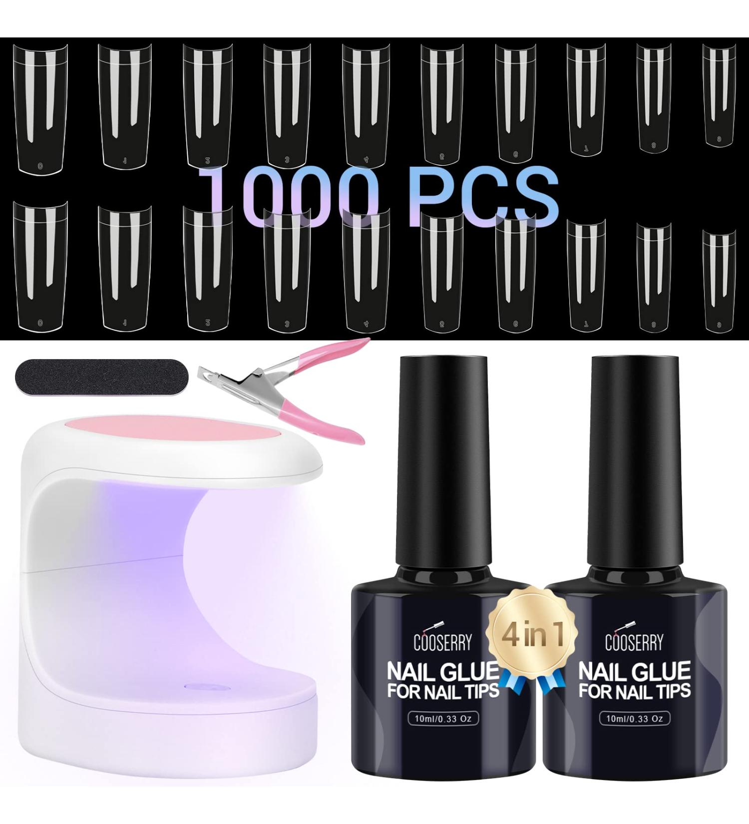 Cooserry Nail Tips and Glue Gel Kit with UV Light - 1000 Pcs C Curve Clear French Ballerina Fake Nails, 4-in-1 Nail Glue, Mini UV LED Lamp, DIY Nail Art Tools - Buy Online on SooperMarket.com