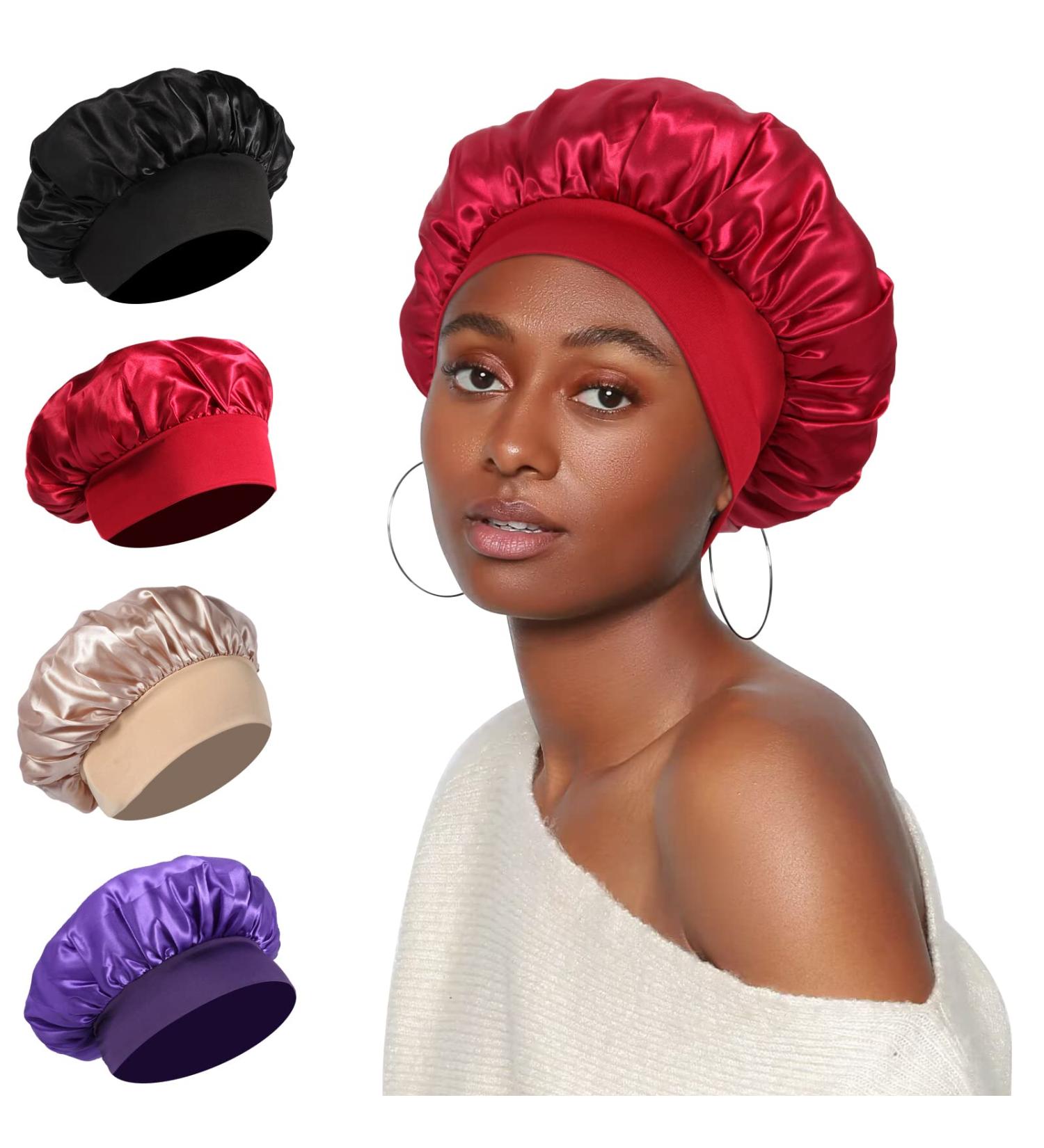 Satin Silk Bonnet Set for Sleeping - 4 Pcs Elastic Wide Band Hair Wraps (Black Red Purple Gold) - Soft & Breathable Sleep Caps - 12.6 Inch - Buy Online on SooperMarket.com