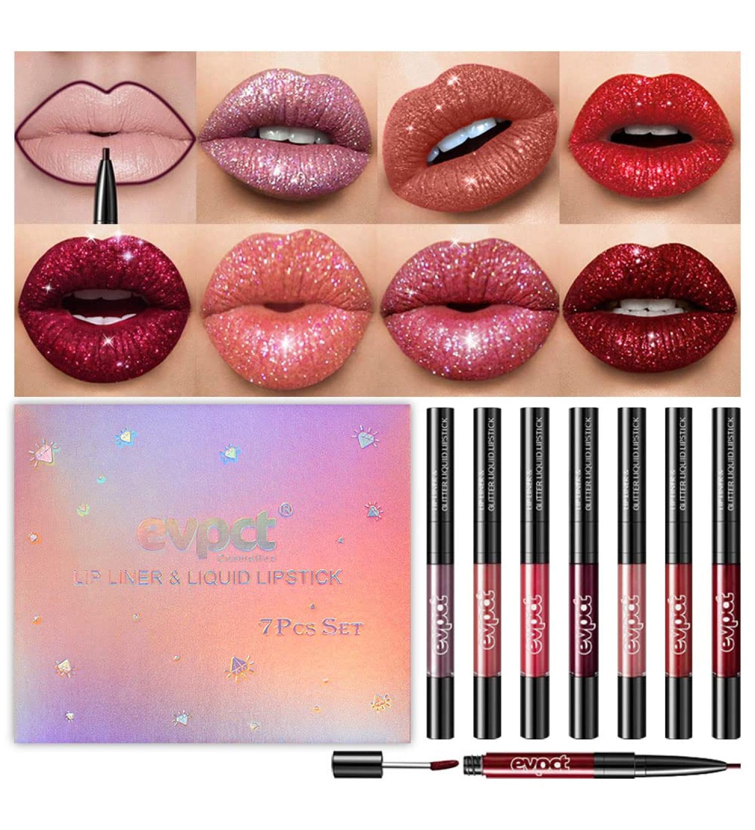 7Pcs Pink Red Glitter Matte Lip Liner and Liquid Lipstick Set Kit - Long Lasting Metallic Shades for Women - Buy Online on SooperMarket.com