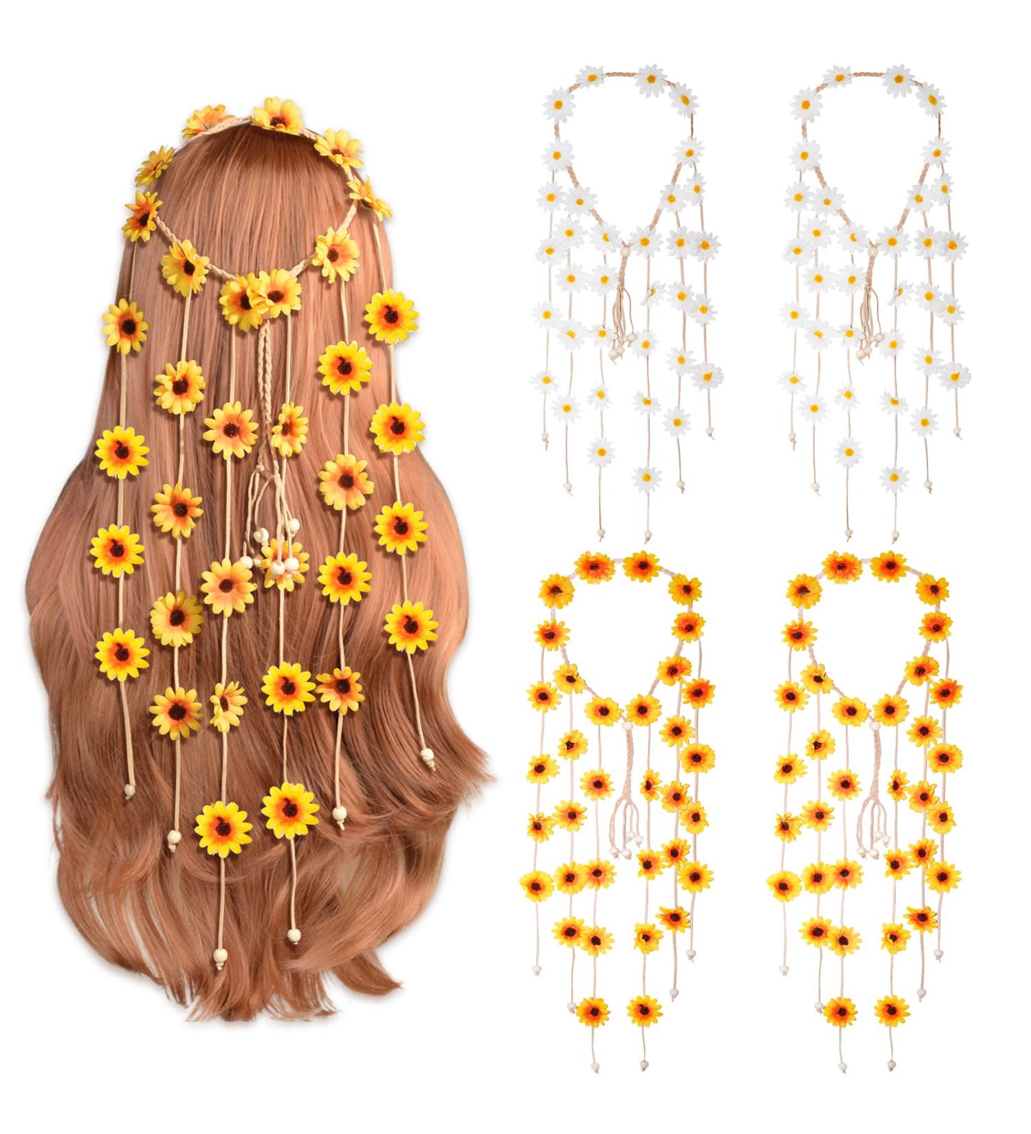 Sucrain Flower Hippie Headband Set - 4pcs Bohemian Sunflower Hair Accessories (2 Yellow 2 White) - Buy Online on SooperMarket.com