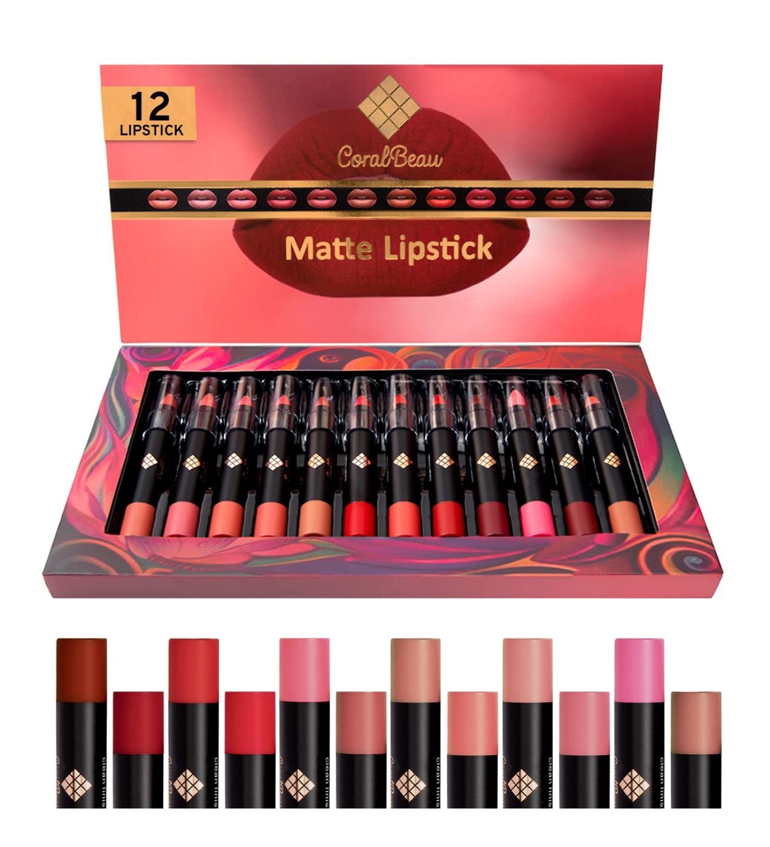 CoralBeau 12-Piece Matte Lipstick Set - Waterproof Crayon Pack with Nude Pink, Mauve & Red Shades - Long-Wearing Formula for Rich Color & Velvety Finish - Buy Online on SooperMarket.com