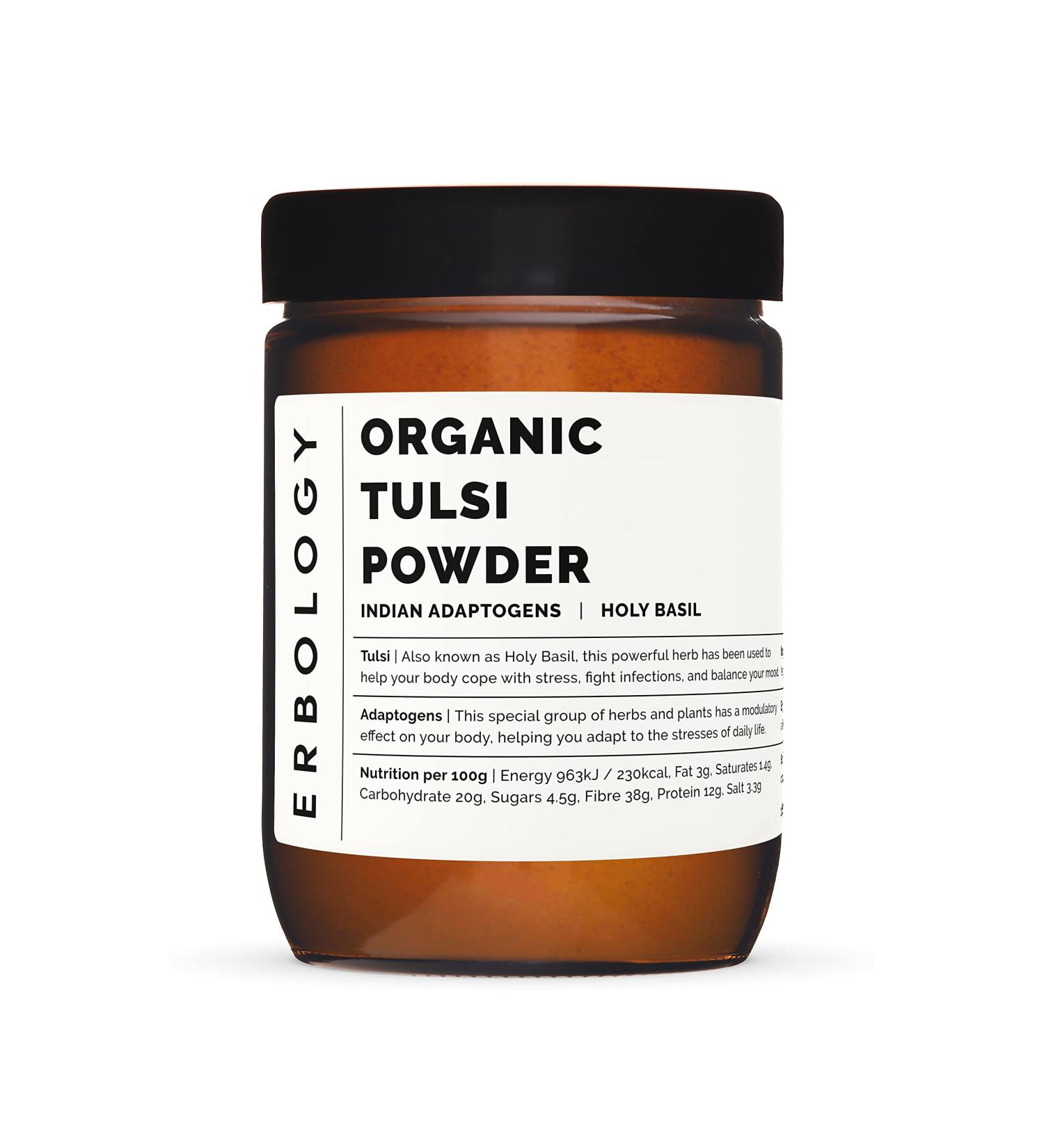 Organic Tulsi Powder 180g - Holy Basil for Calm and Mood - Raw, Vegan, Gluten-Free - Non-GMO - No Additives - Recyclable Glass Jar - Buy Online on SooperMarket.com