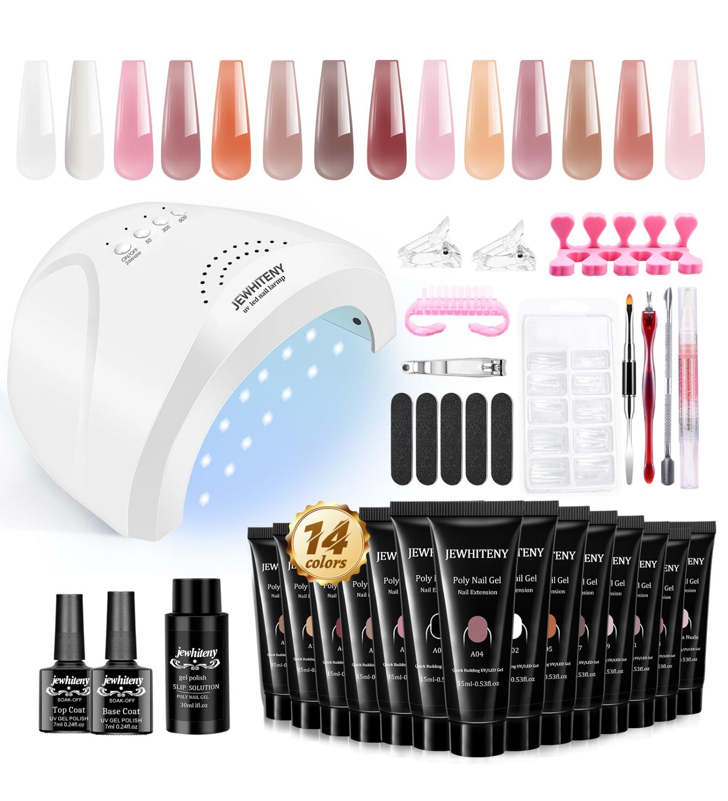 JEWHITENY 14 Colors Poly Extension Gel Nail Kit with SUN1 Lamp - All In One Poly Gel Starter Kit for Manicure Salon - Buy Online on SooperMarket.com