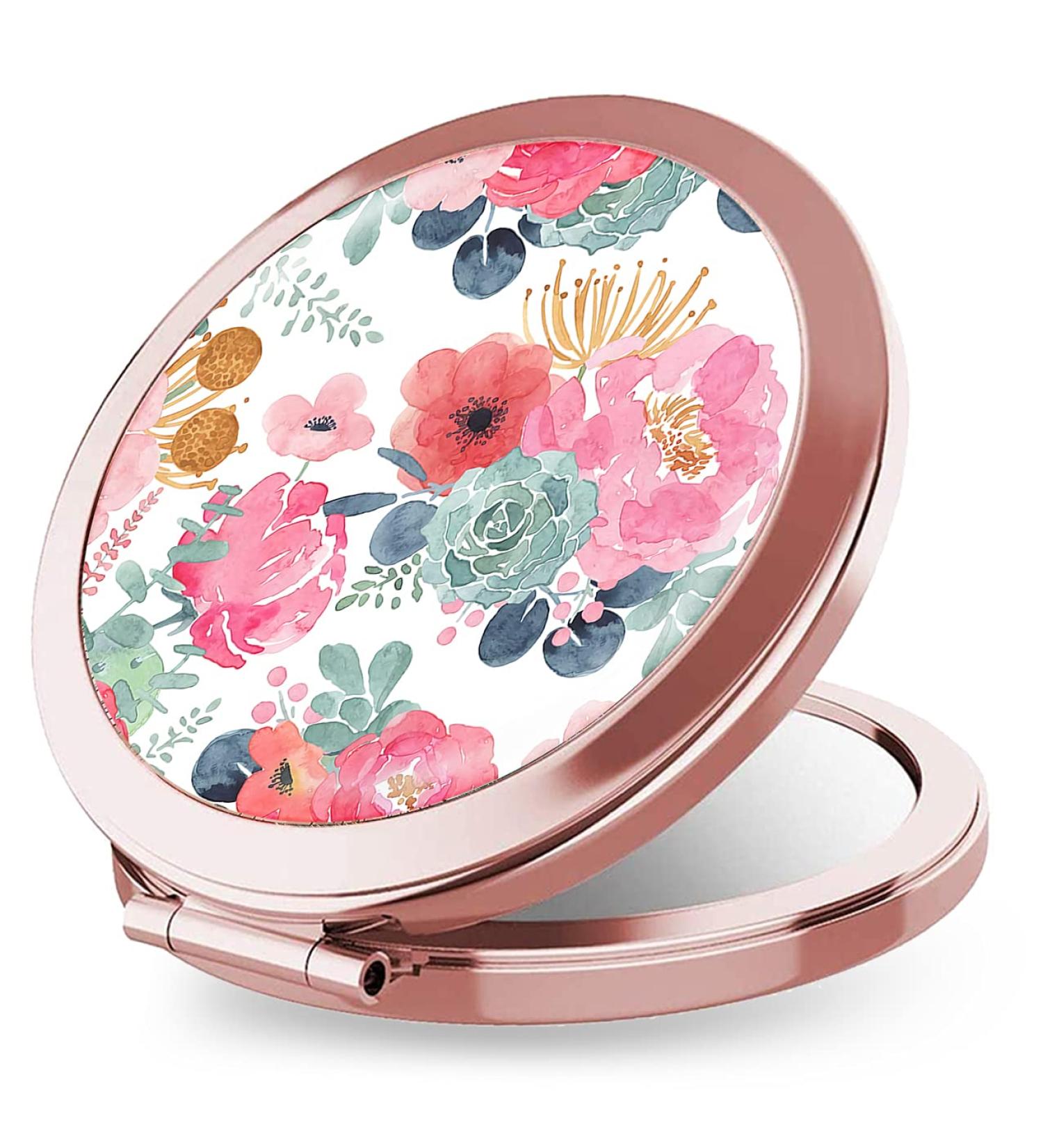 iampanda Rose Gold Compact Mirror for Women - Portable Mini Makeup Mirror with 2X Magnifying, Pink Green Flower Design - Buy Online on SooperMarket.com