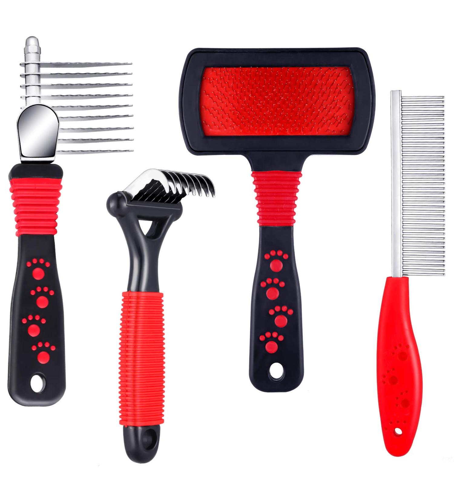 4-Piece Pet Grooming Set: Dematting Comb, Slicker Brush, Steel Comb - Dog & Cat Grooming Tools - Buy Online on SooperMarket.com