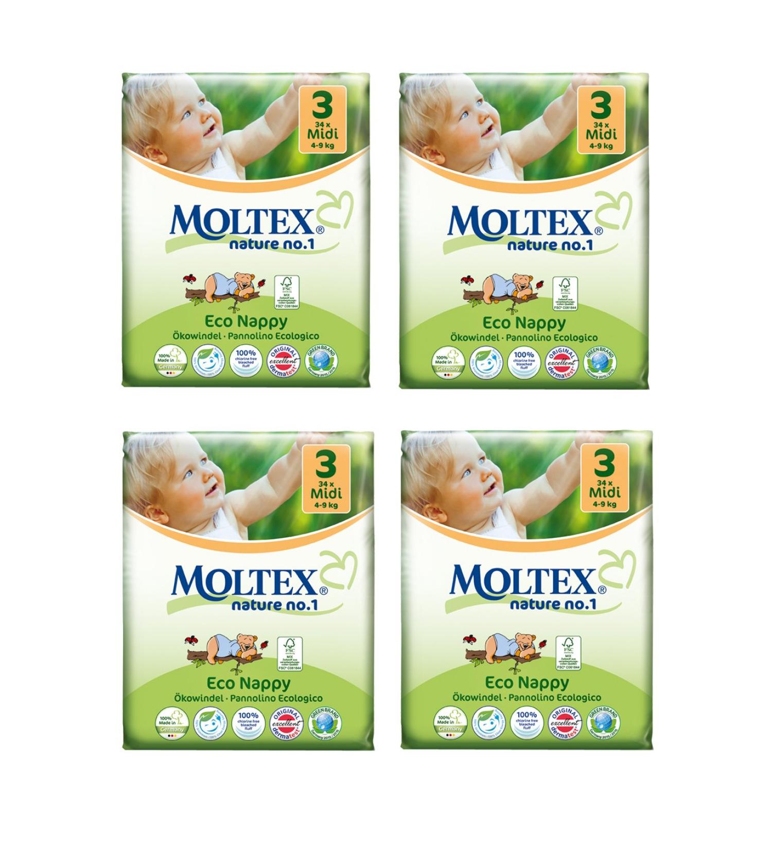 Pack of 4 Moltex Midi diapers size 3 (136 diapers)