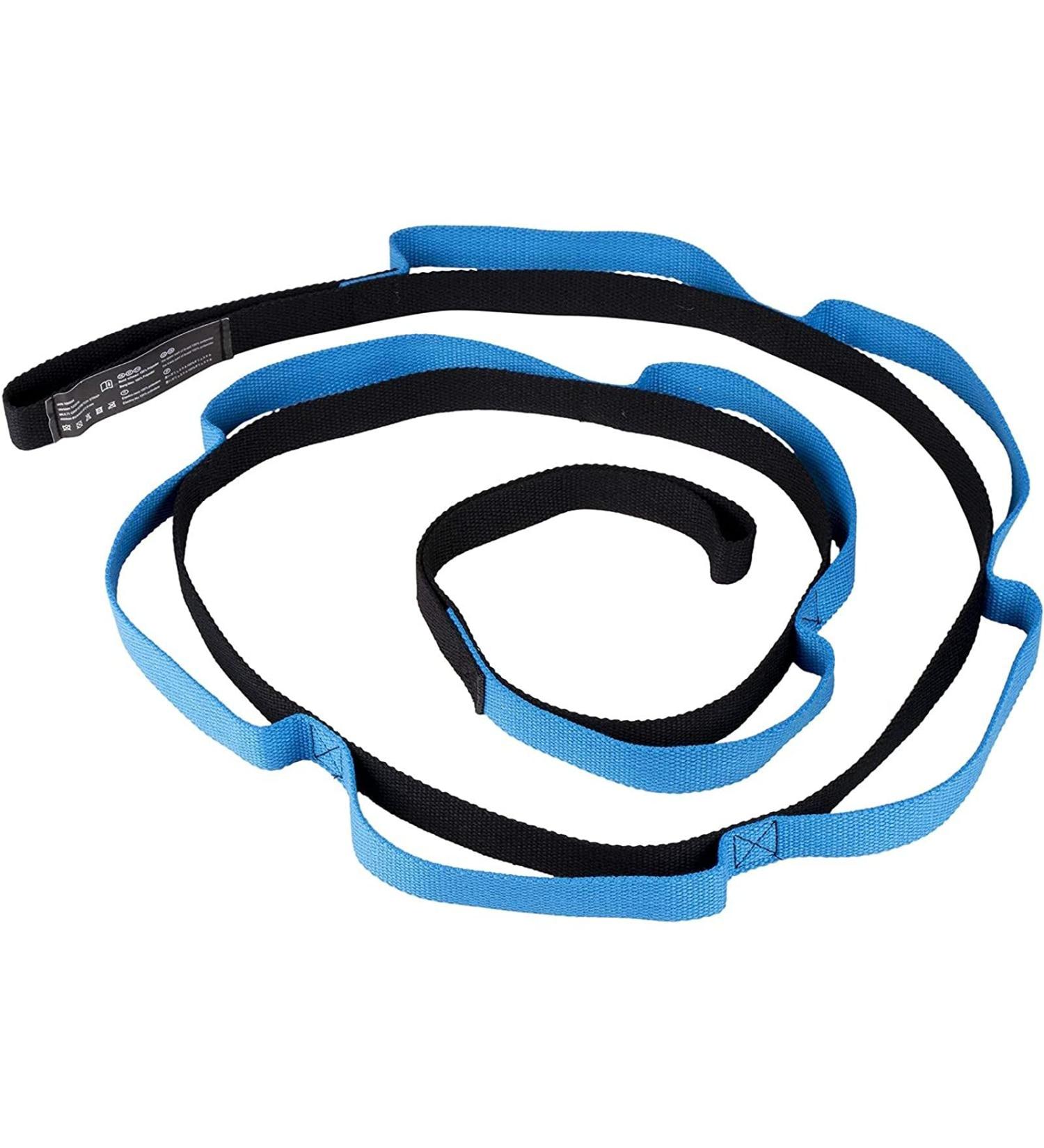 Yoga Stretch Strap with 10 Loops for Athletes and Dancers - Multi-Grip Fitness Pilates Belt in Black Blue - Buy Online on SooperMarket.com