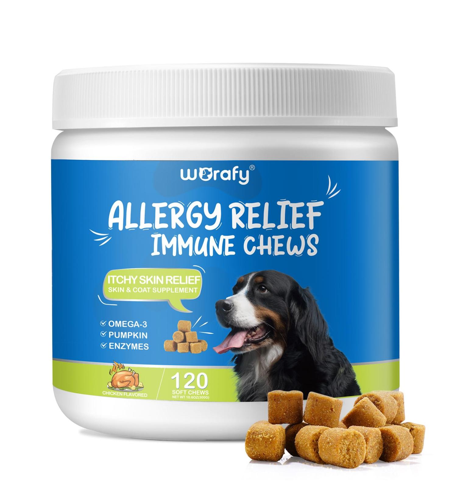Dog Skin Relief Chews- Itch & Immunity Treats for Allergies - 120 Soft Chicken Flavor Chews - Buy Online on SooperMarket.com