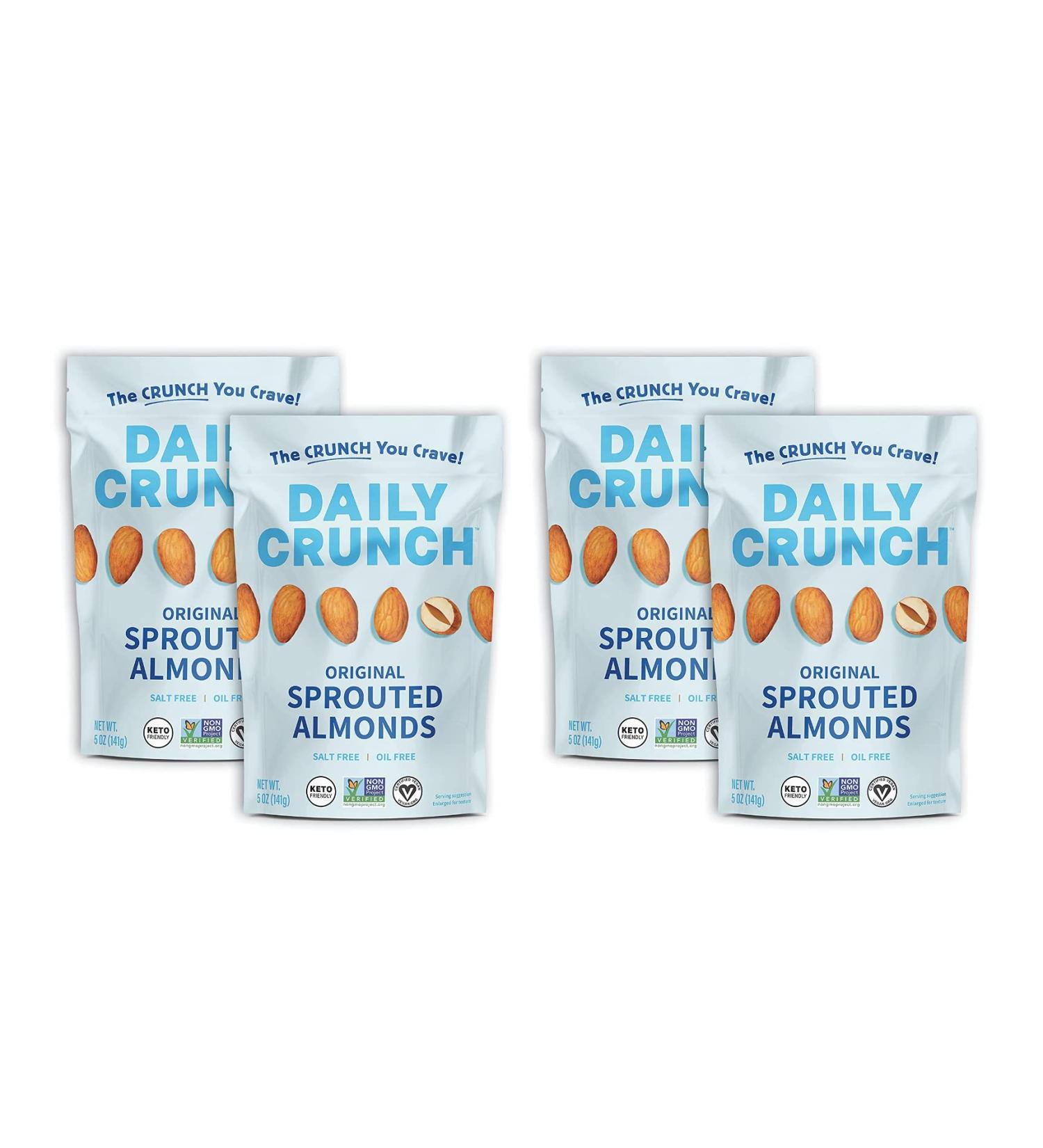 Daily Crunch Sprouted Almonds 5 oz Resealable Bags (Pack of 4) | Keto Friendly, Non-GMO, Vegan, Healthy Snack - Buy Online on SooperMarket.com