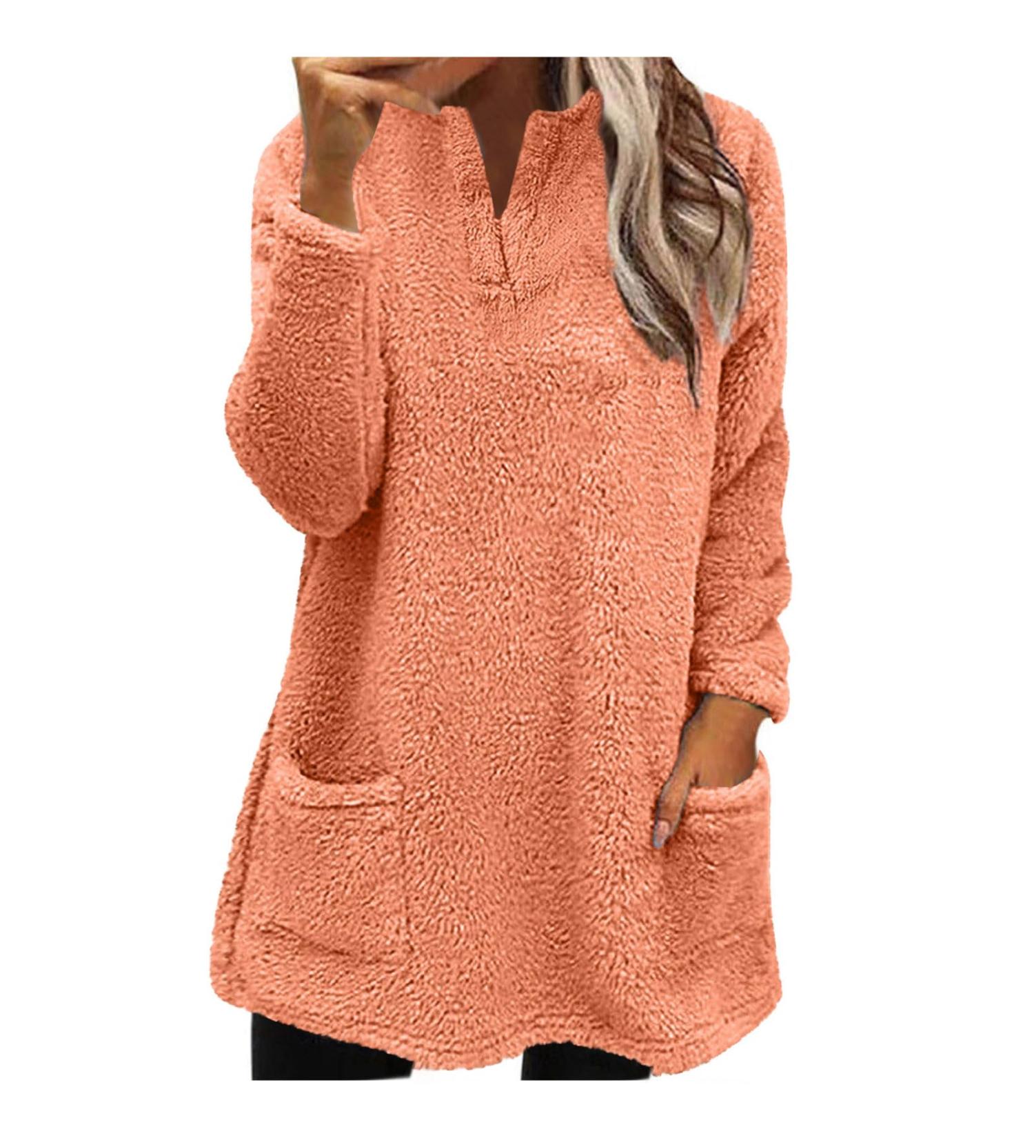 AMhomely Women's Plus Size Double Fleece Hoodie | Soft Teddy Fleece Hooded Jumper | V Neck Sweatshirt | Winter Lounge Top | Orange - Size M - Buy Online on SooperMarket.com