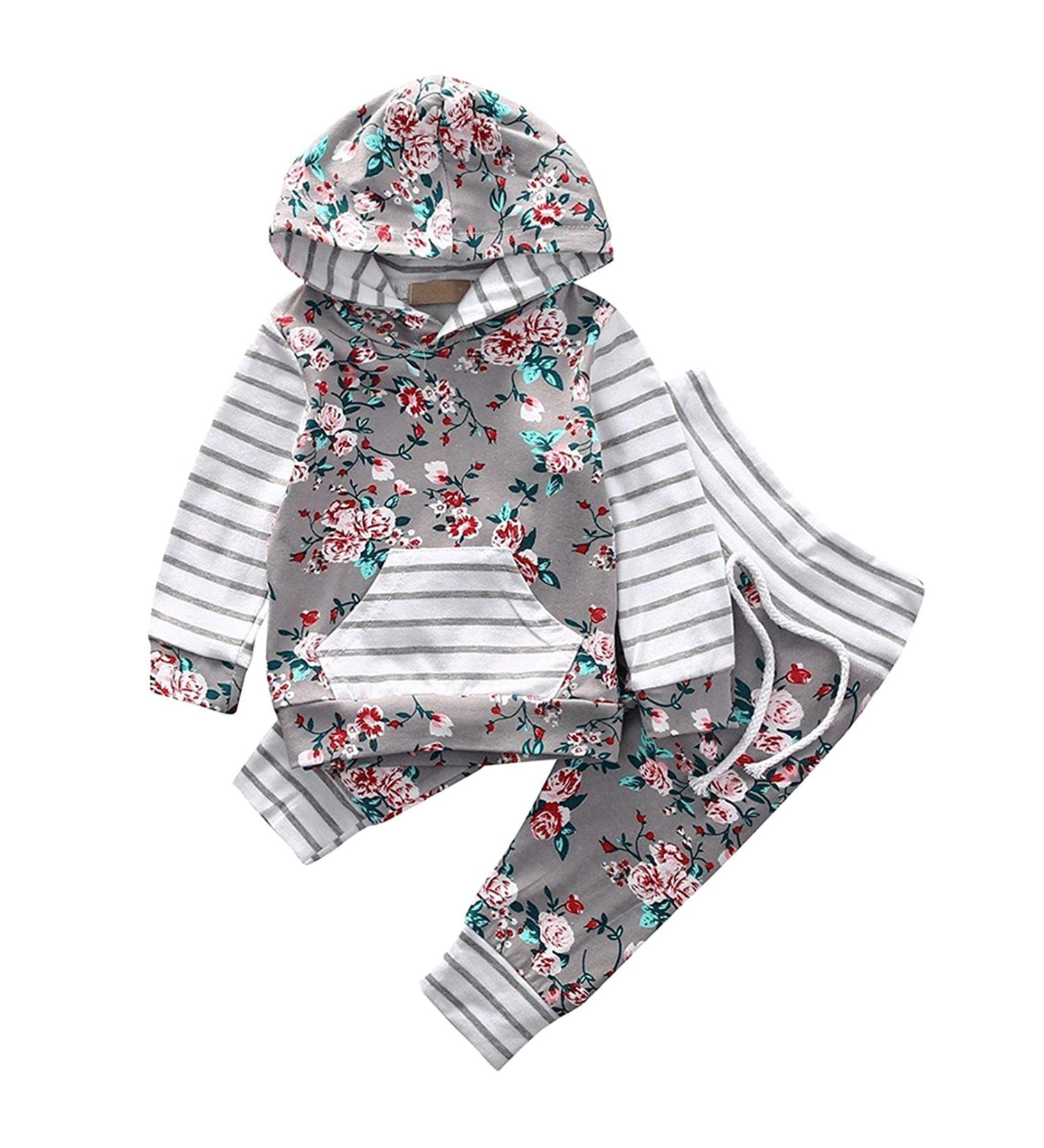 TMEOG Baby Hooded Sweatshirt and Pants Set - Floral Grey (3-6 Months) - Buy Online on SooperMarket.com