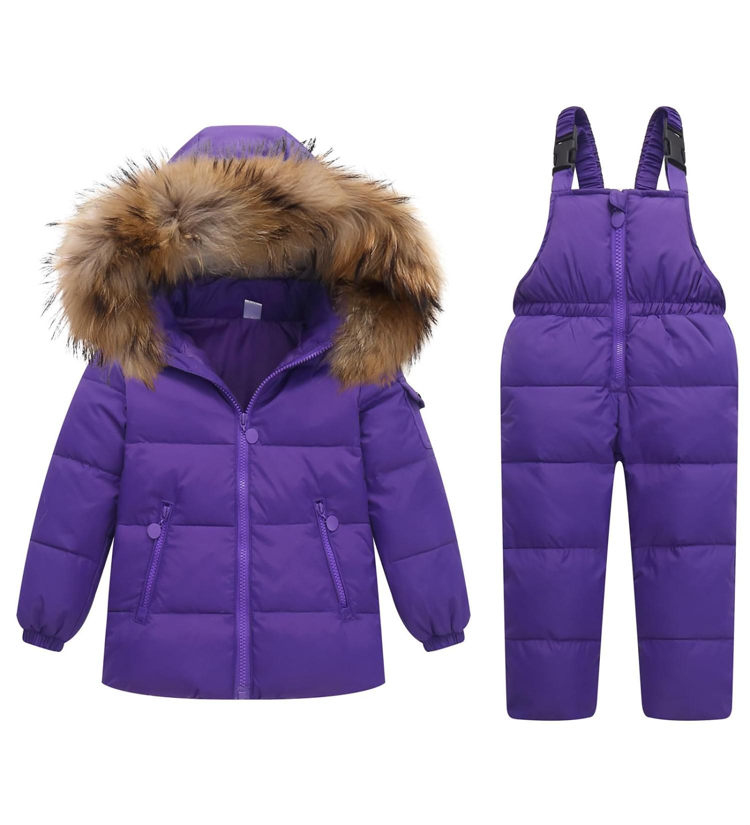 Kids Winter Puffer Jacket & Snow Bib Pants Set | 2-Piece Snowsuit for 3-4 Years | Hooded Down Coat & Snow Pants Outfit | Purple - Buy Online on SooperMarket.com