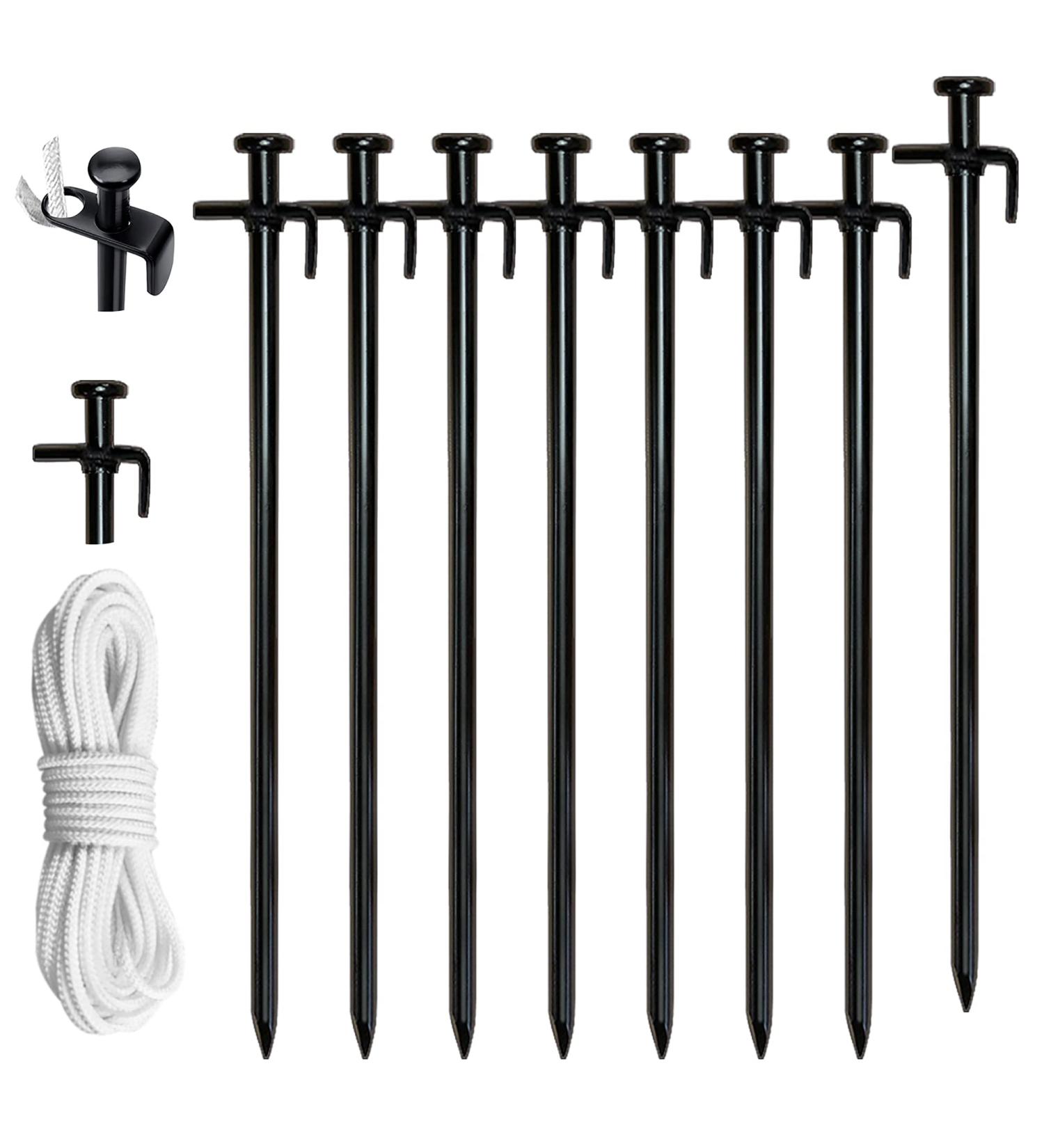 Eurmax USA 12 inch Multiuse Heavy Duty Steel Tent Stakes Tarp Pegs Camping Stakes for Outdoor Camping Canopy and tarp with 4 Ropes 10FT Length(Black) - Buy Online on SooperMarket.com