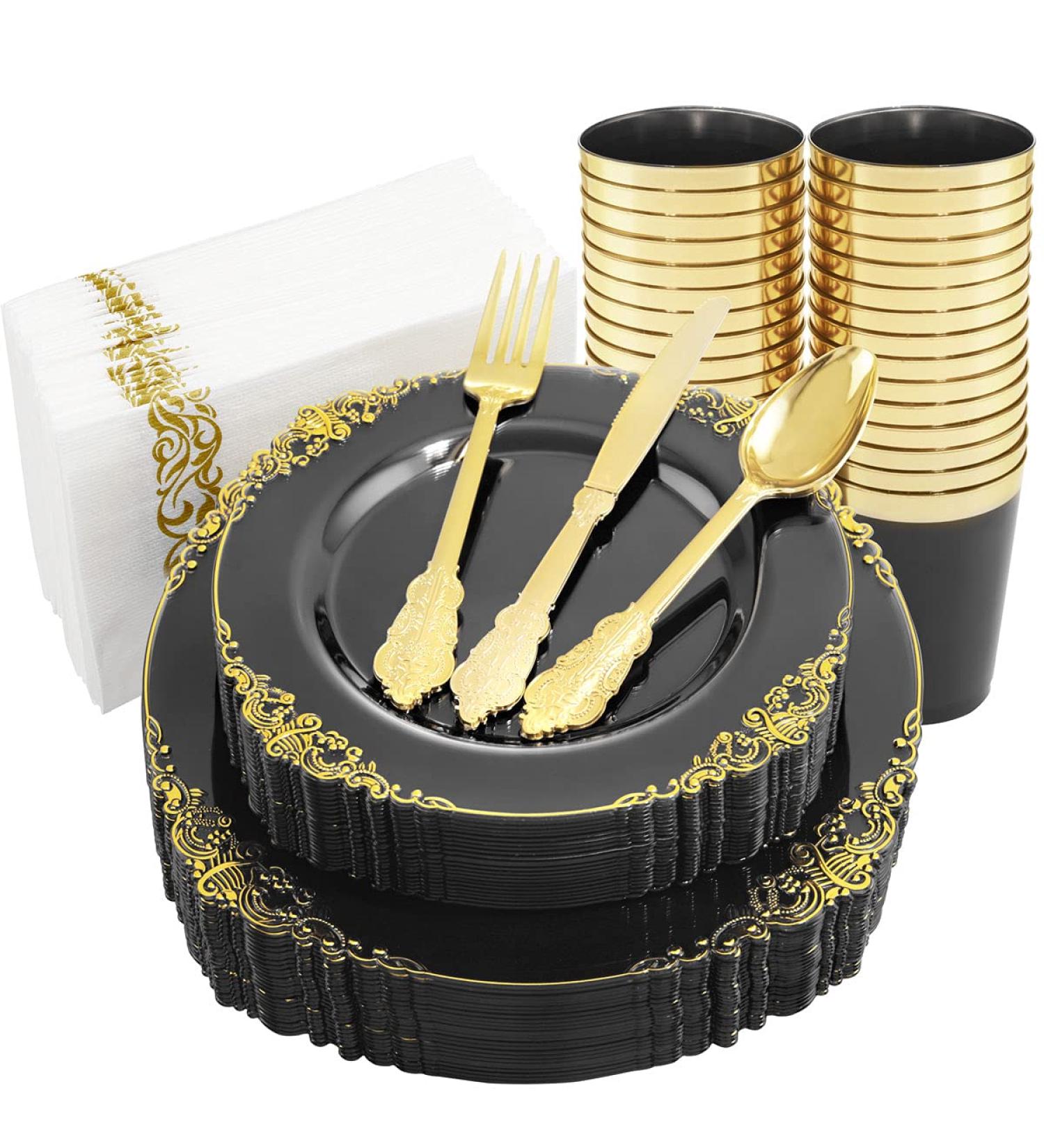 Nervure 175PCS Clear Black & Gold Plastic Plates Set for 25 Guests - Ideal for Parties & Halloween - Buy Online on SooperMarket.com