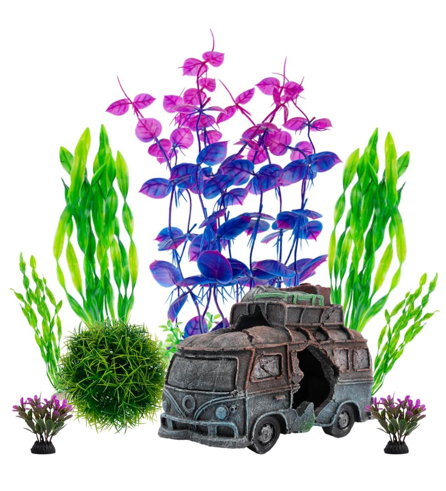 Begondis Underwater Car Aquarium Ornament Set with 8 Plastic Plants | Polyresin Marine Decor for Fish Tanks - Buy Online on SooperMarket.com